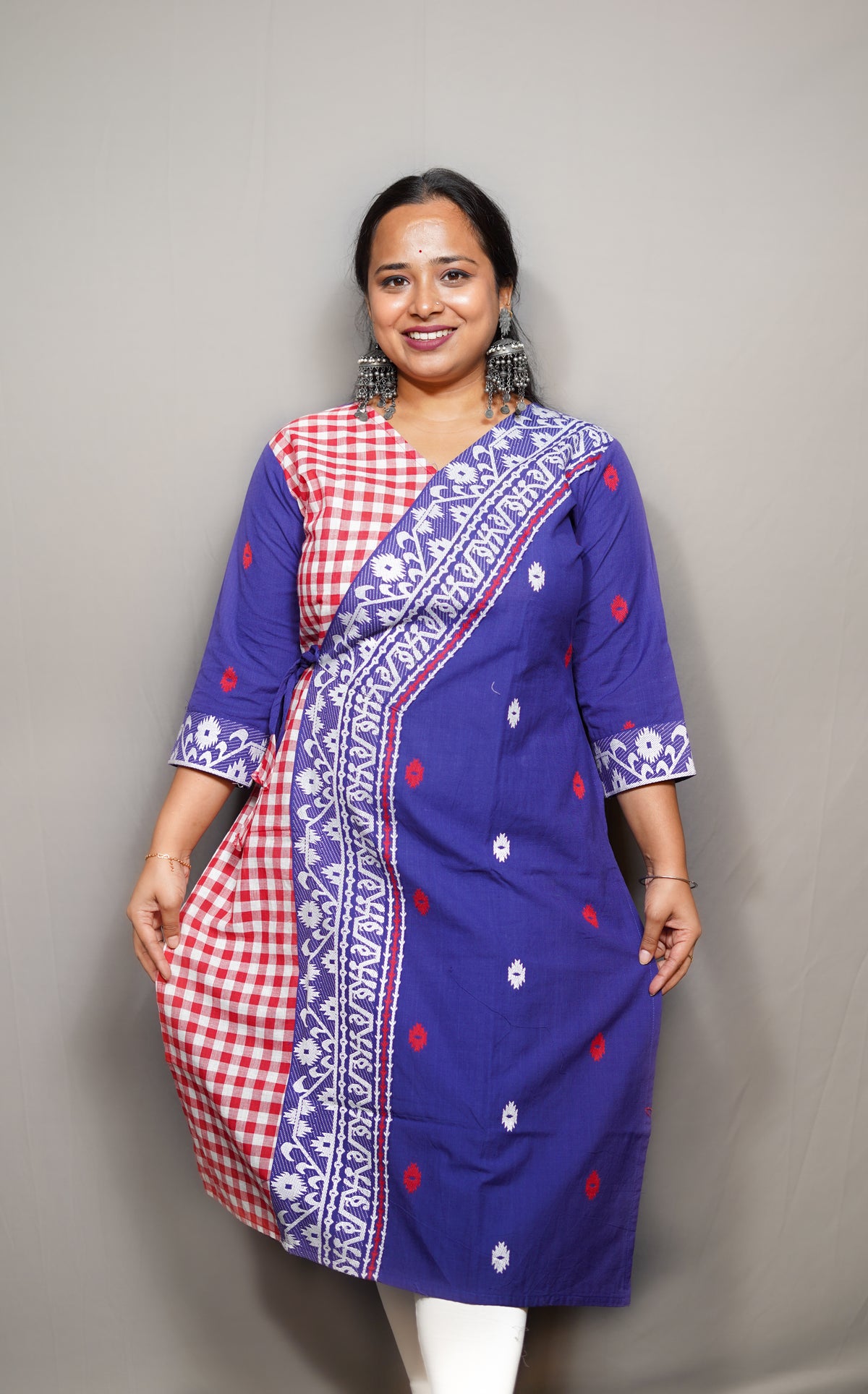 Handloom Cotton Angrakha Kurta with Jamdani Border & Gingham Contrast