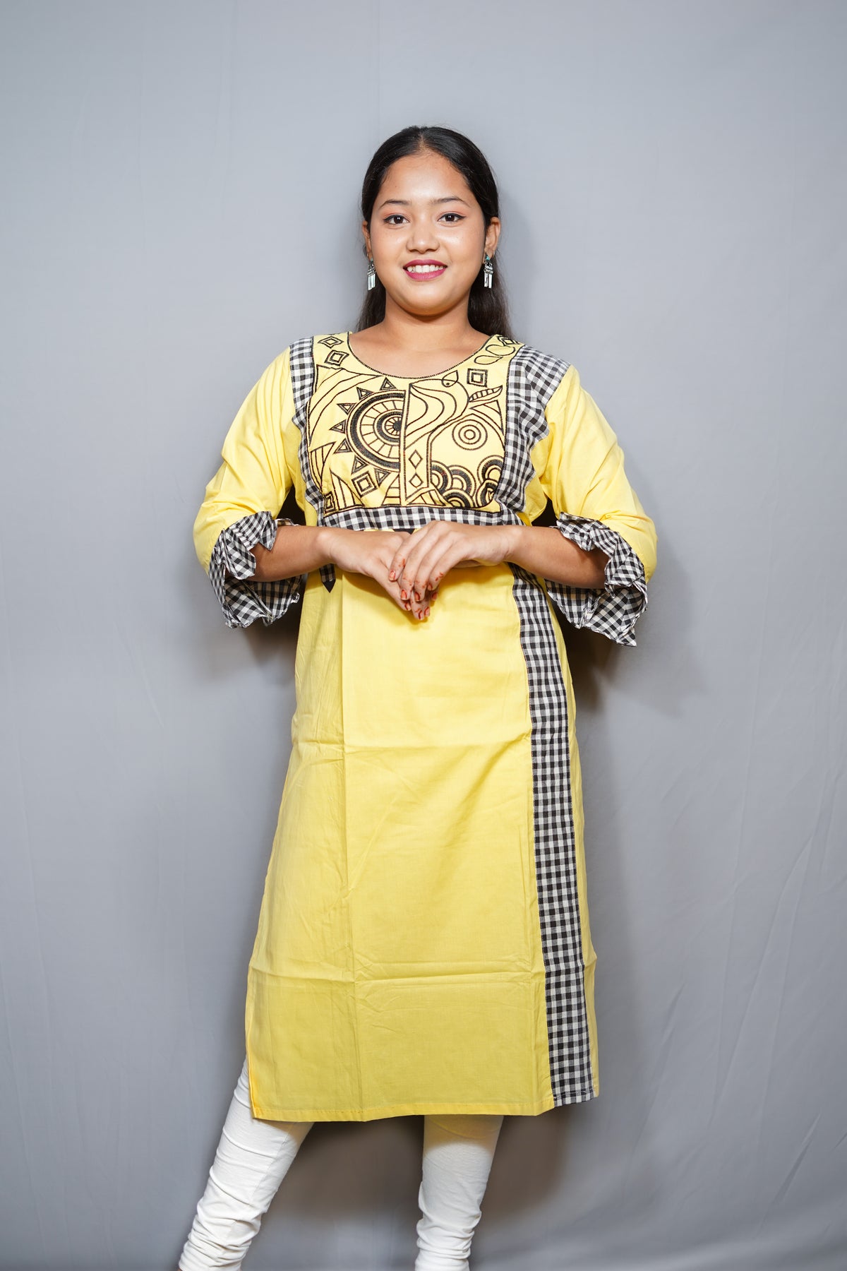 Cotton Kurta with Embroidered Tribal Art Yoke & Gingham Check Trim