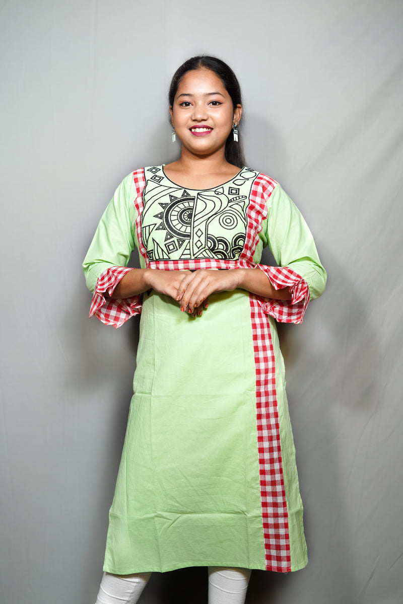 Cotton Kurta with Embroidered Tribal Art Yoke & Gingham Check Trim
