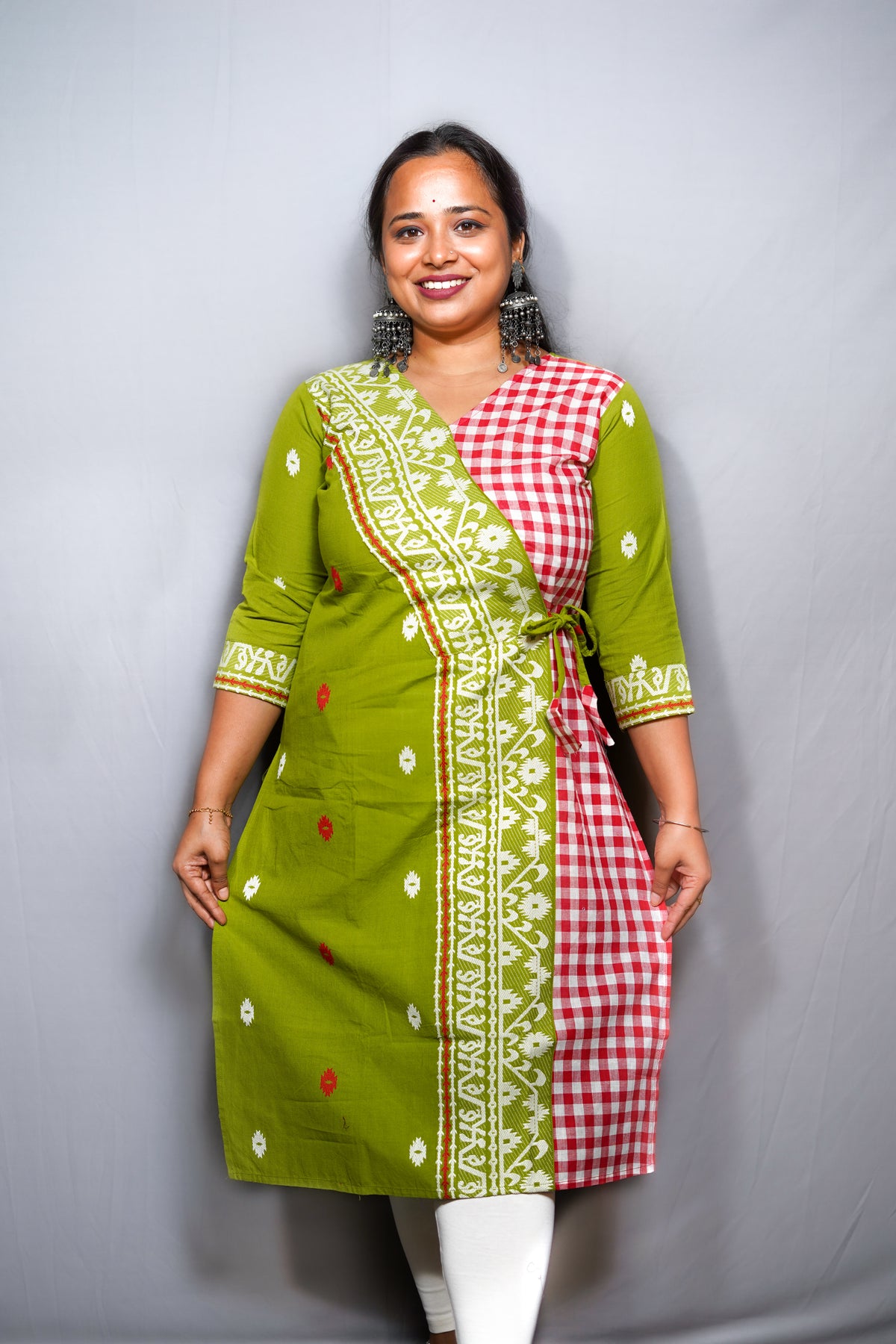 Handloom Cotton Angrakha Kurta with Jamdani Border & Gingham Contrast