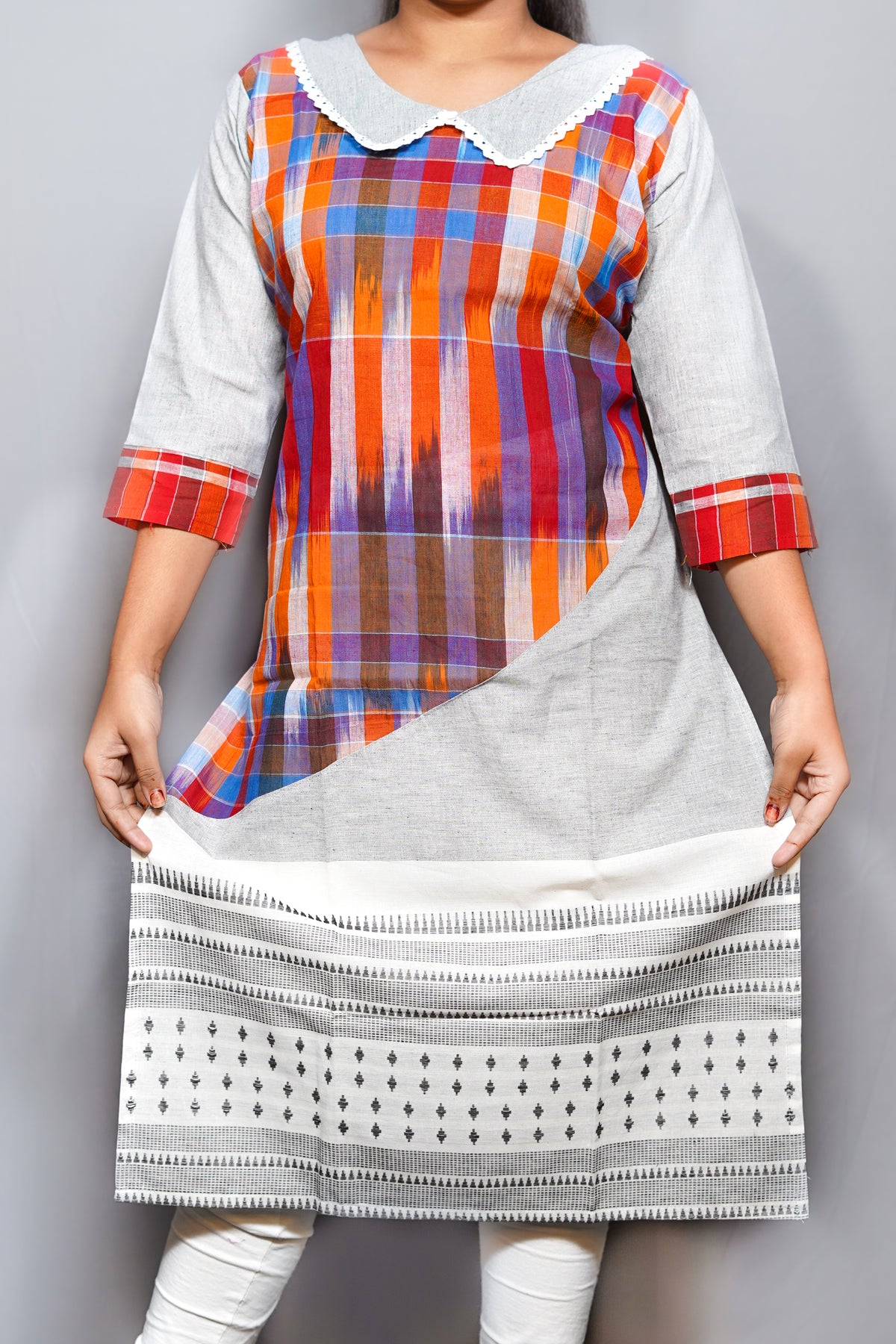 Handloom Ikat Check Cotton Kurta with Peter-Pan Collar & Contrast Border Hem