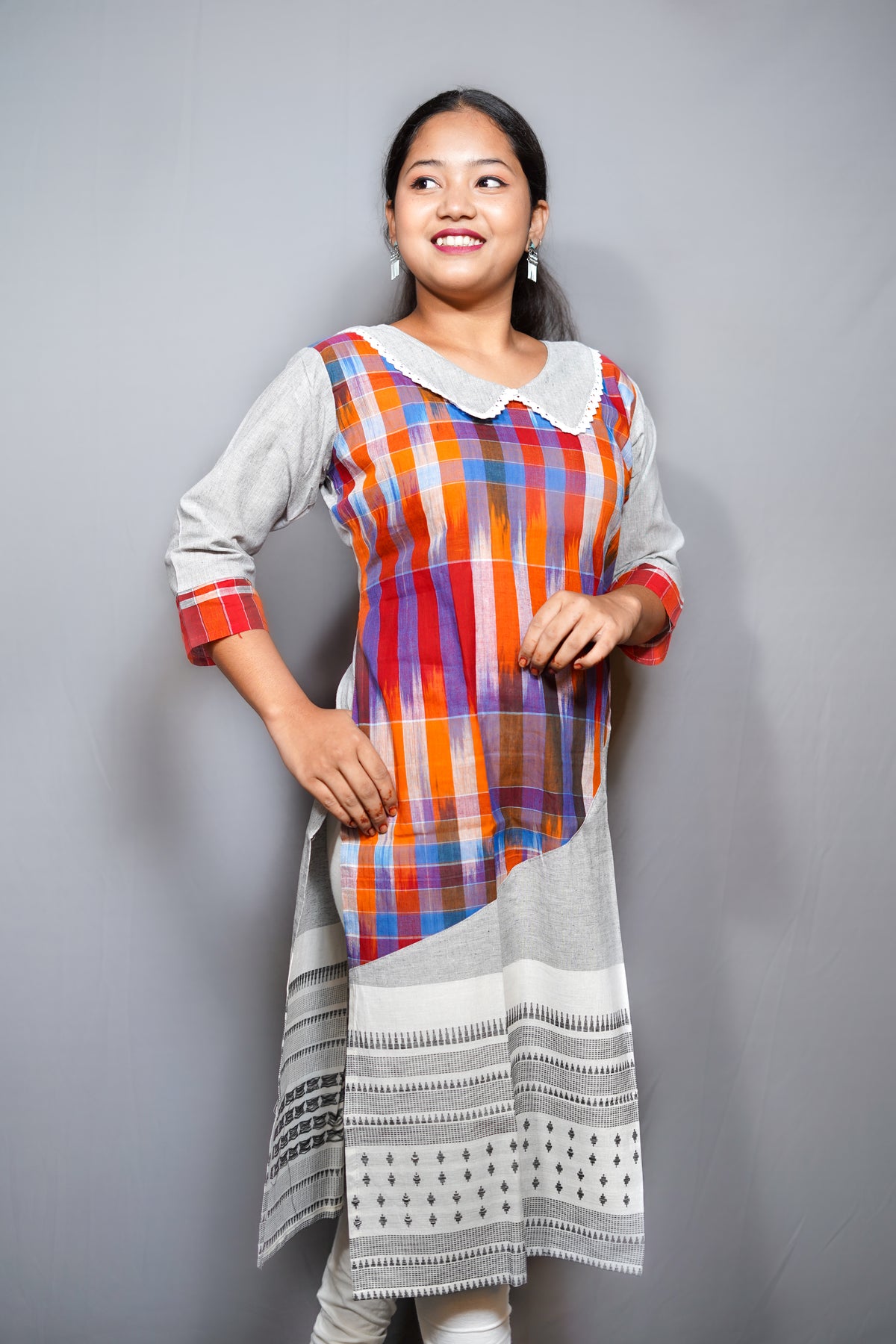 Handloom Ikat Check Cotton Kurta with Peter-Pan Collar & Contrast Border Hem