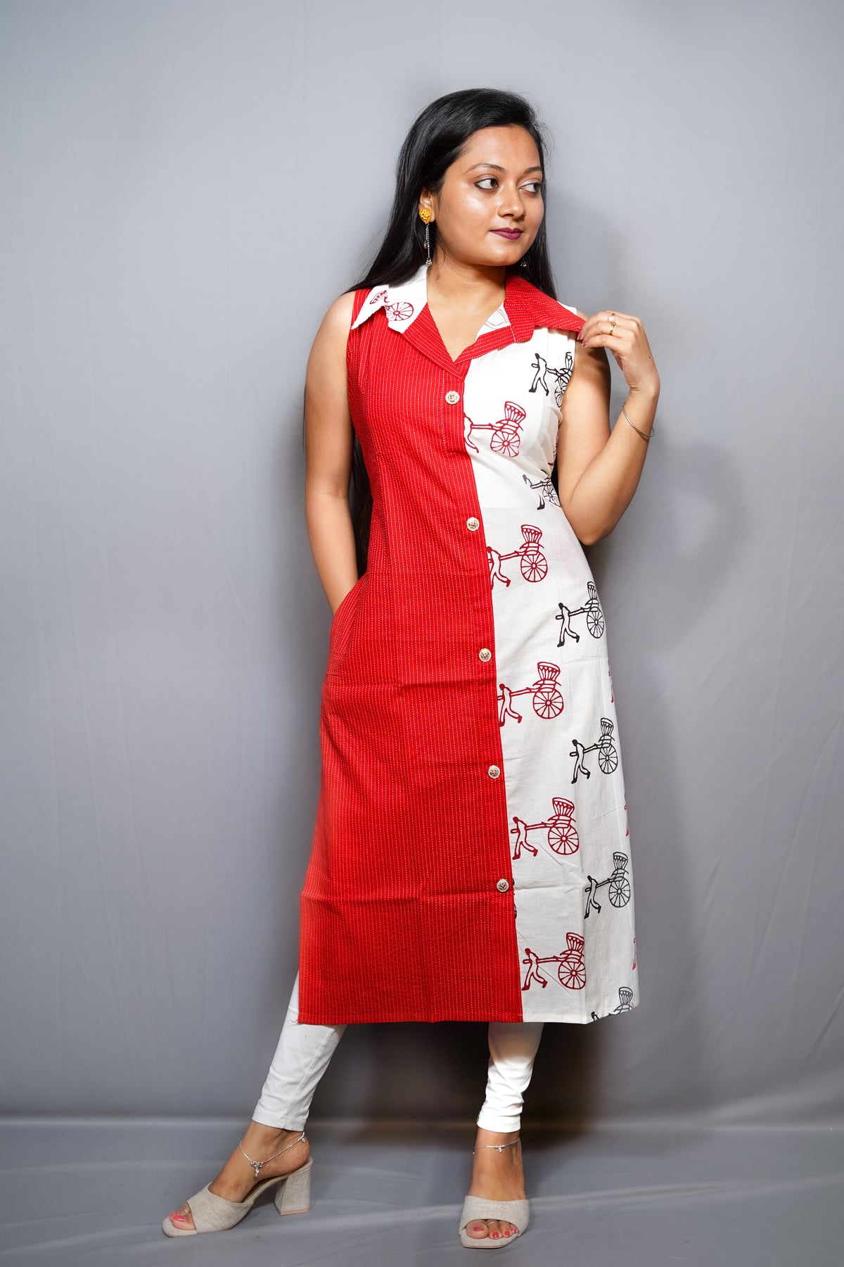 Colour Block Cotton Kurta with Rickshaw Print and Shirt Collar