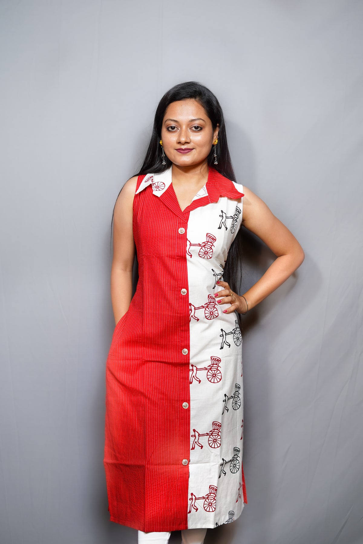 Colour Block Cotton Kurta with Rickshaw Print and Shirt Collar