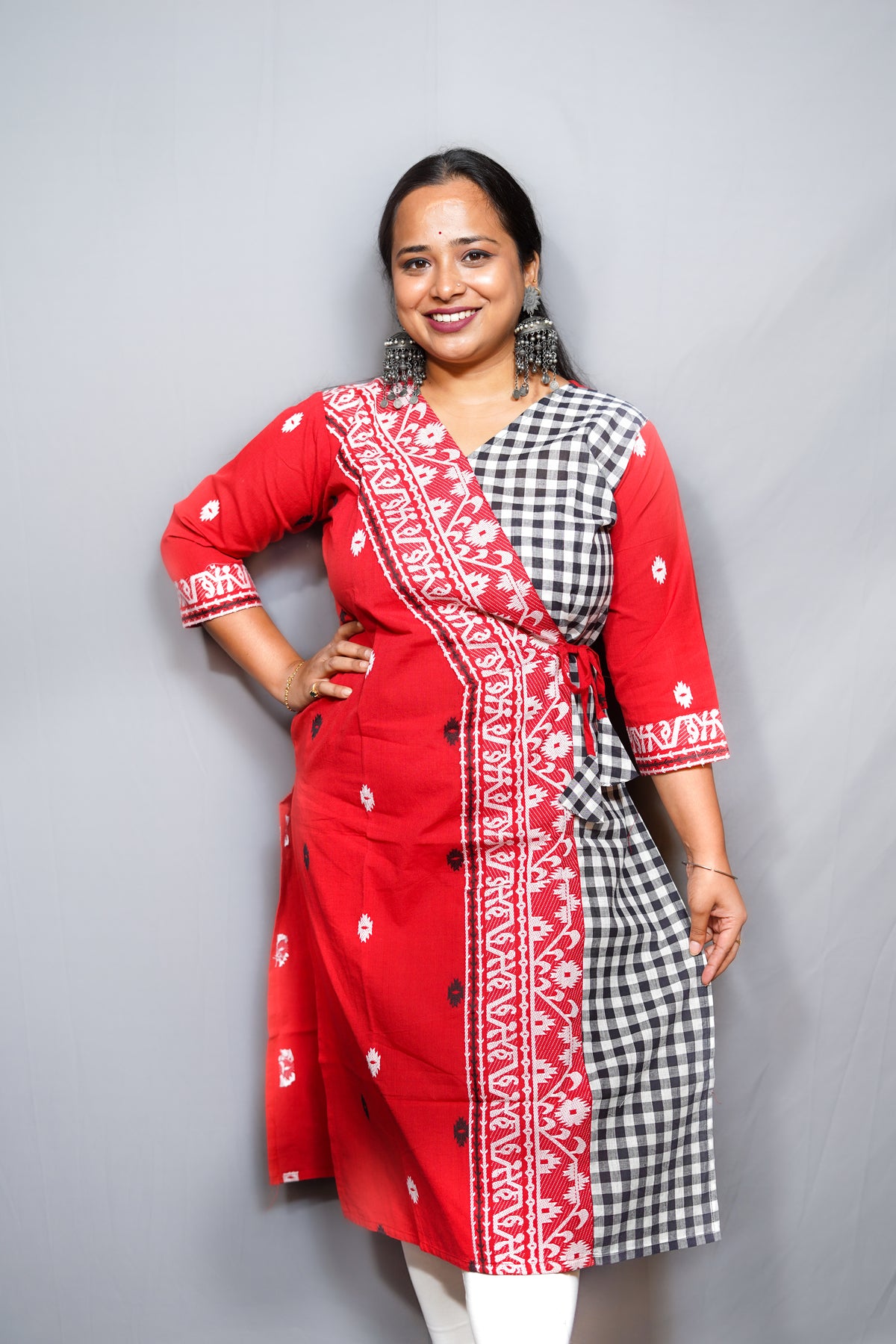 Handloom Cotton Angrakha Kurta with Jamdani Border & Gingham Contrast