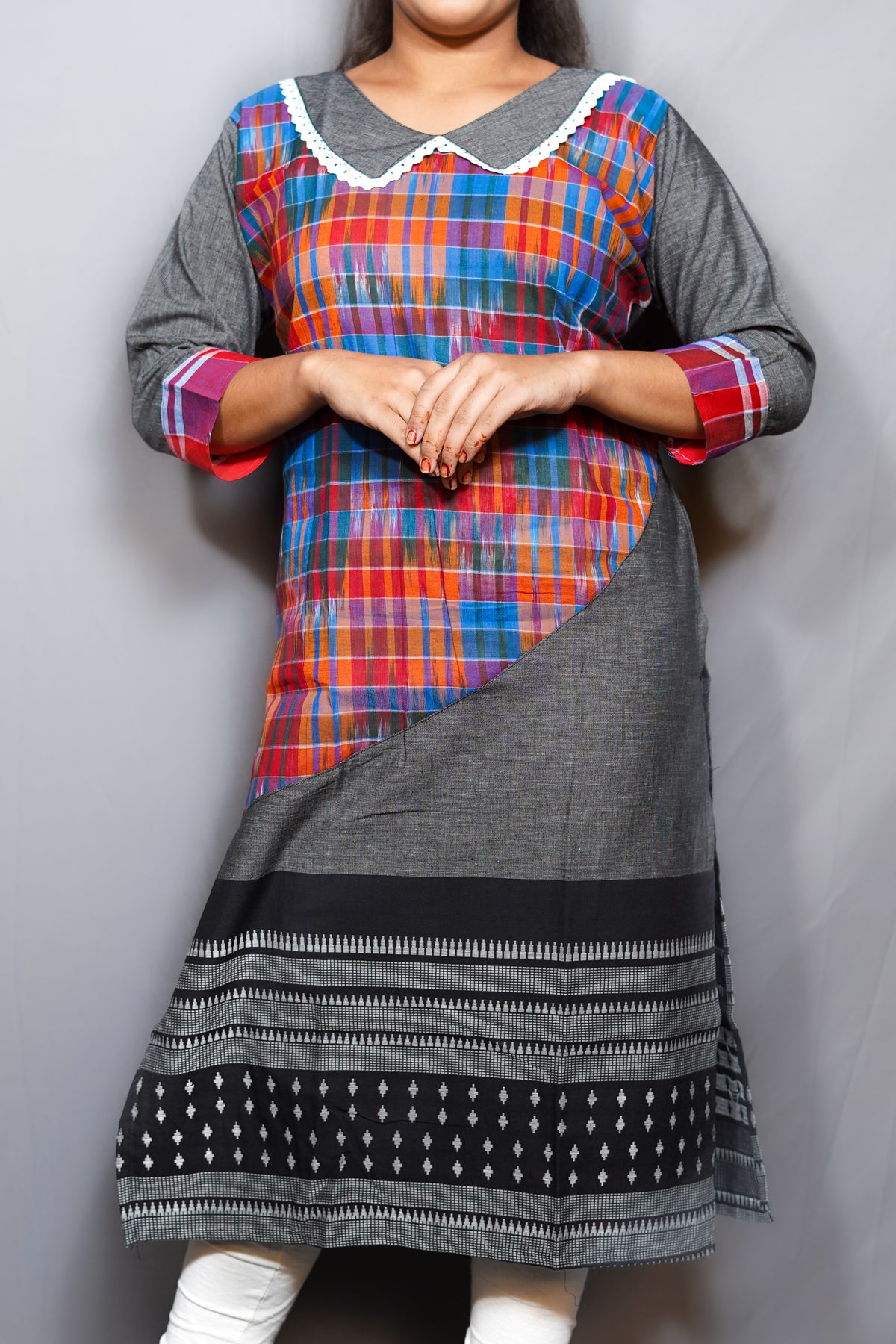 Handloom Ikat Check Cotton Kurta with Peter-Pan Collar & Contrast Border Hem