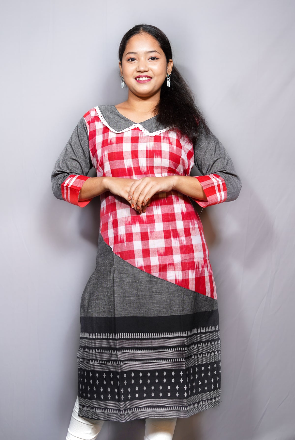Handloom Ikat Check Cotton Kurta with Peter-Pan Collar & Contrast Border Hem