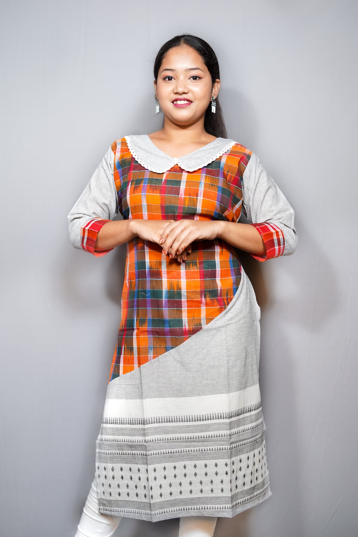 Handloom Ikat Check Cotton Kurta with Peter-Pan Collar & Contrast Border Hem