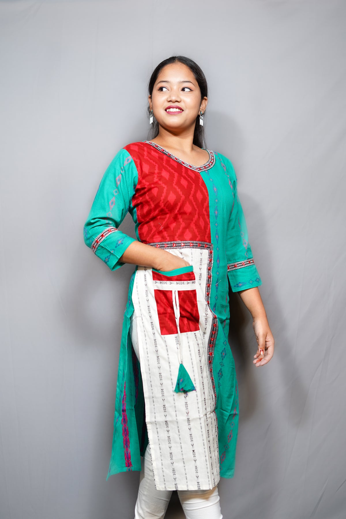 Cotton Ikat Patchwork Kurta with Contrast Utility Pocket