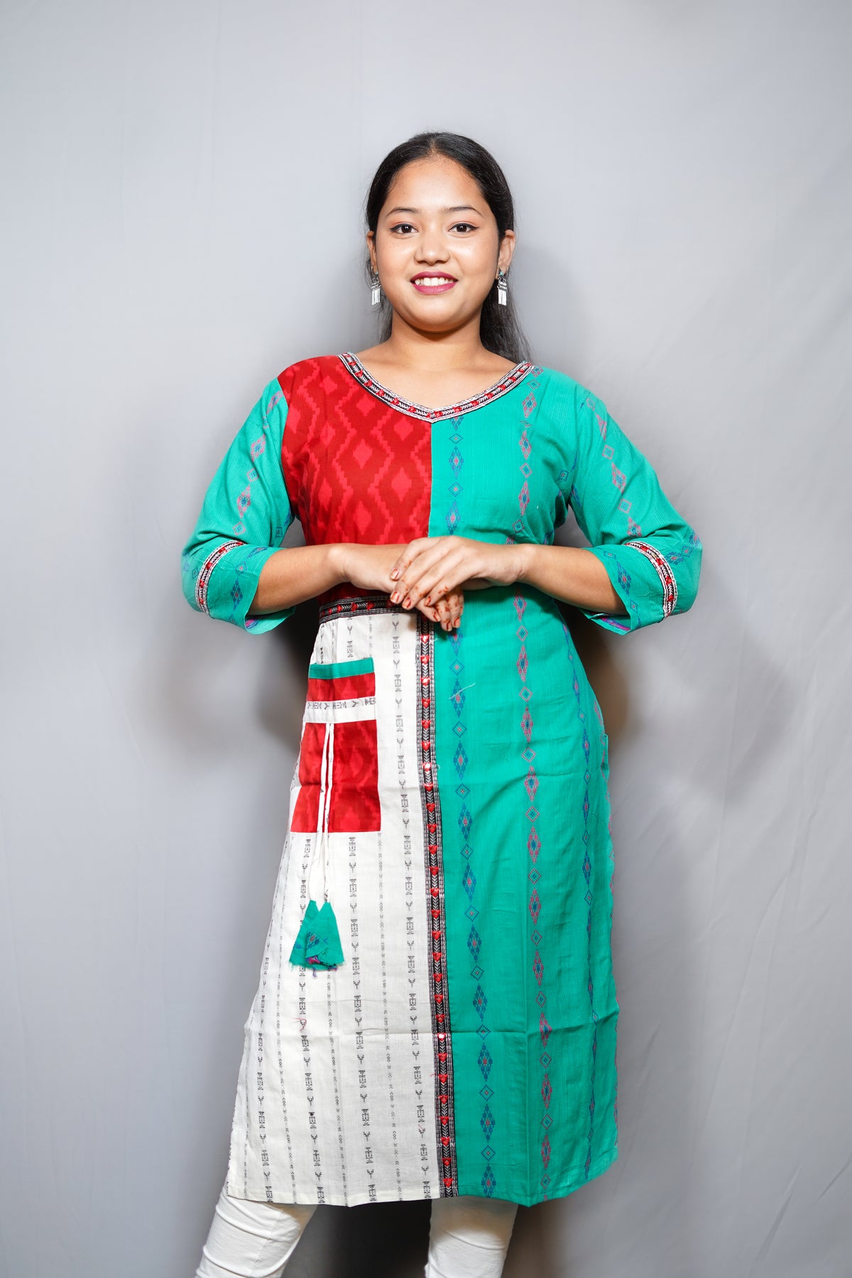 Cotton Ikat Patchwork Kurta with Contrast Utility Pocket