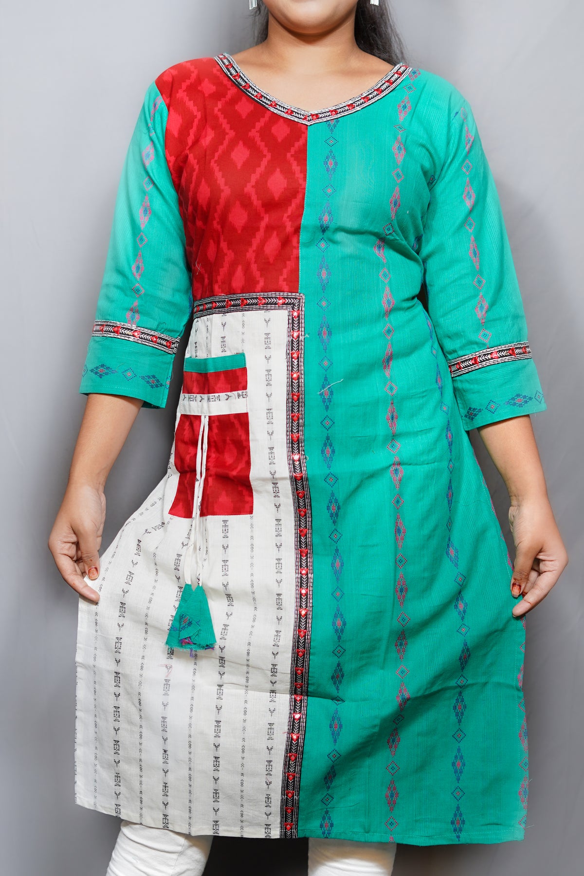 Cotton Ikat Patchwork Kurta with Contrast Utility Pocket