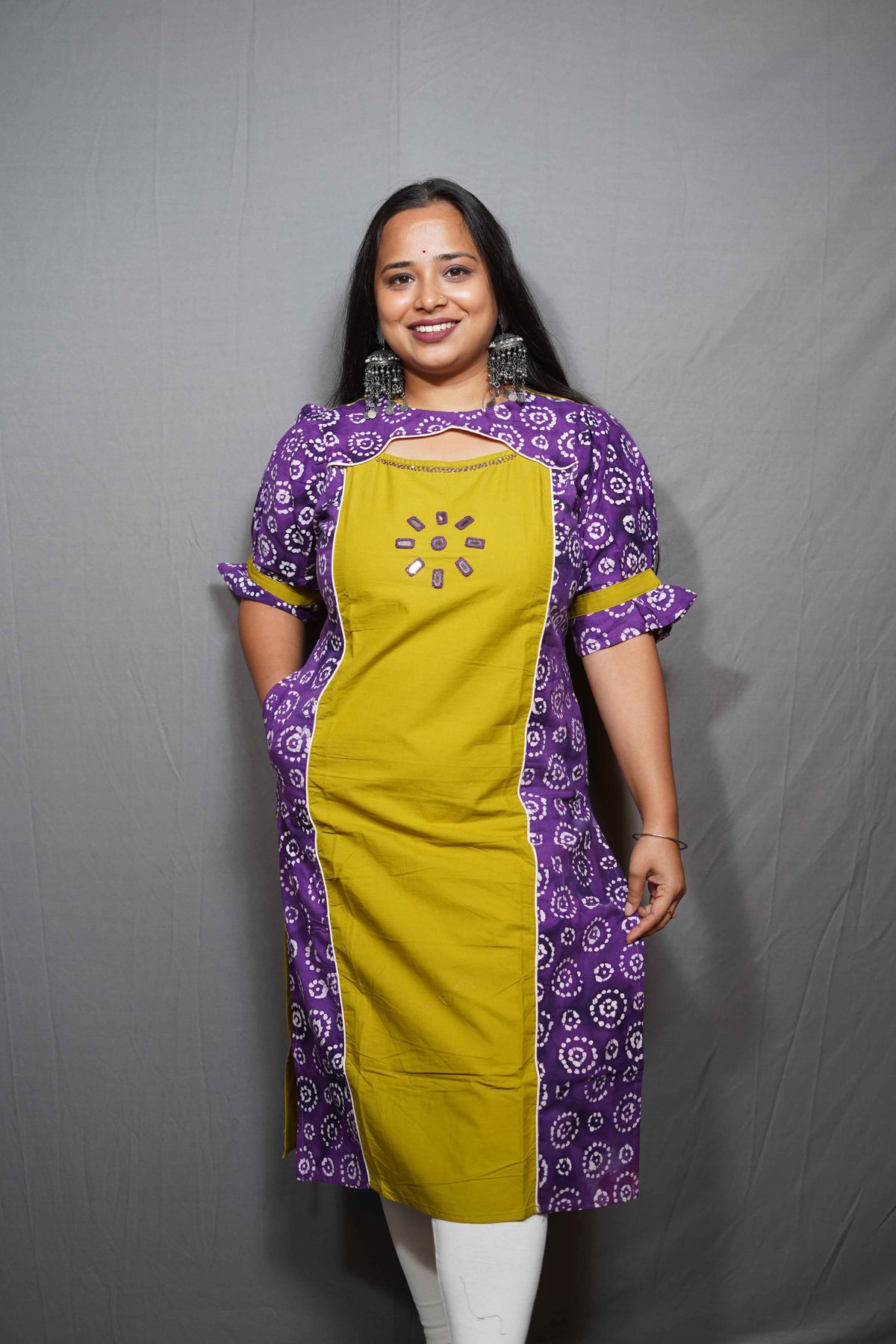 Cotton Kurta with Batik Collar & stitch work with short puffed sleeve