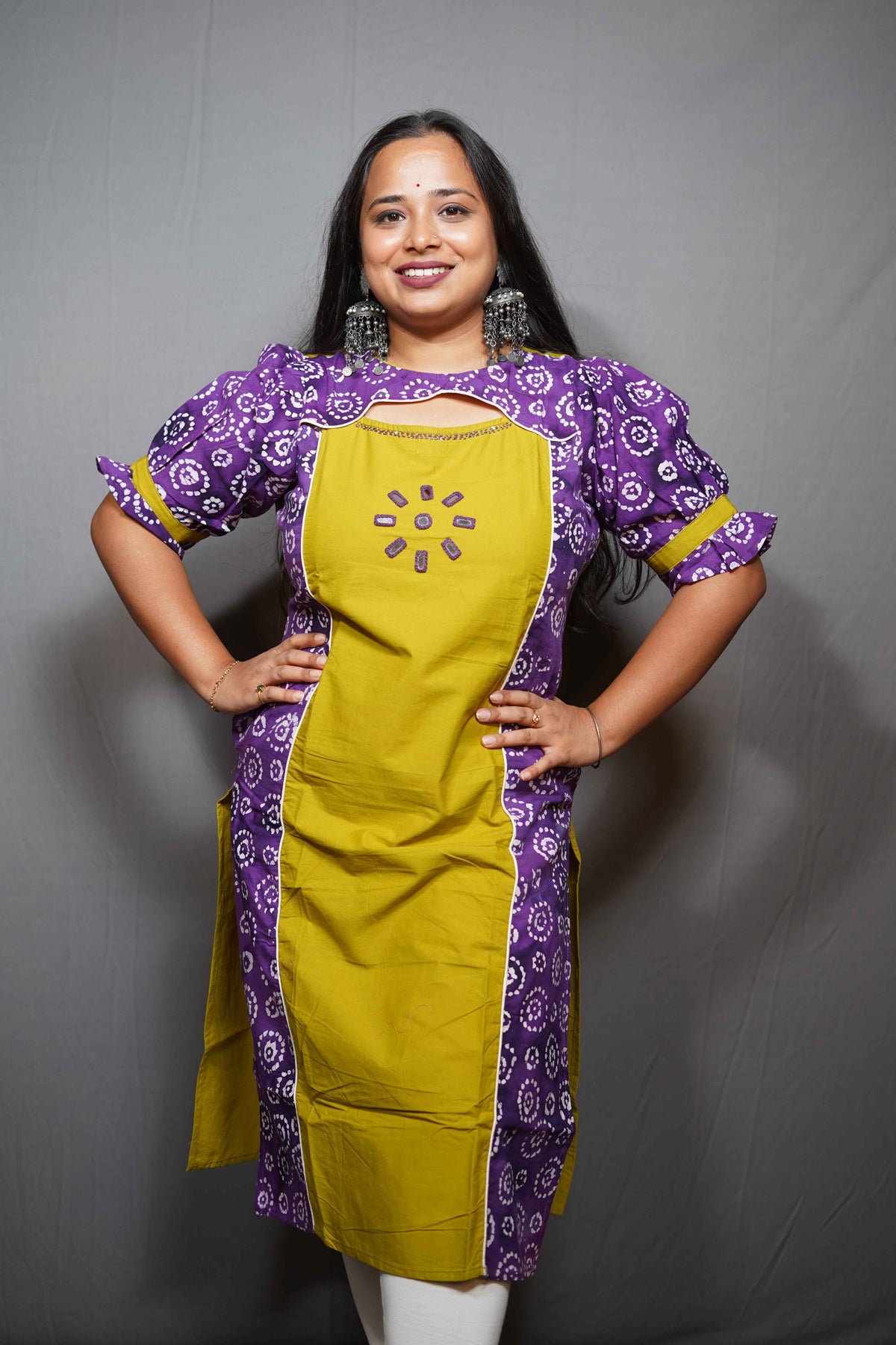 Cotton Kurta with Batik Collar & stitch work with short puffed sleeve