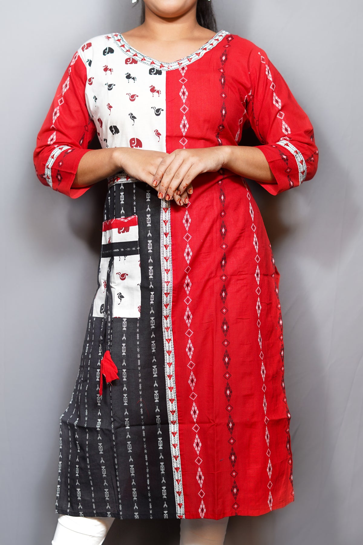 Cotton Ikat Patchwork Kurta with Contrast Utility Pocket