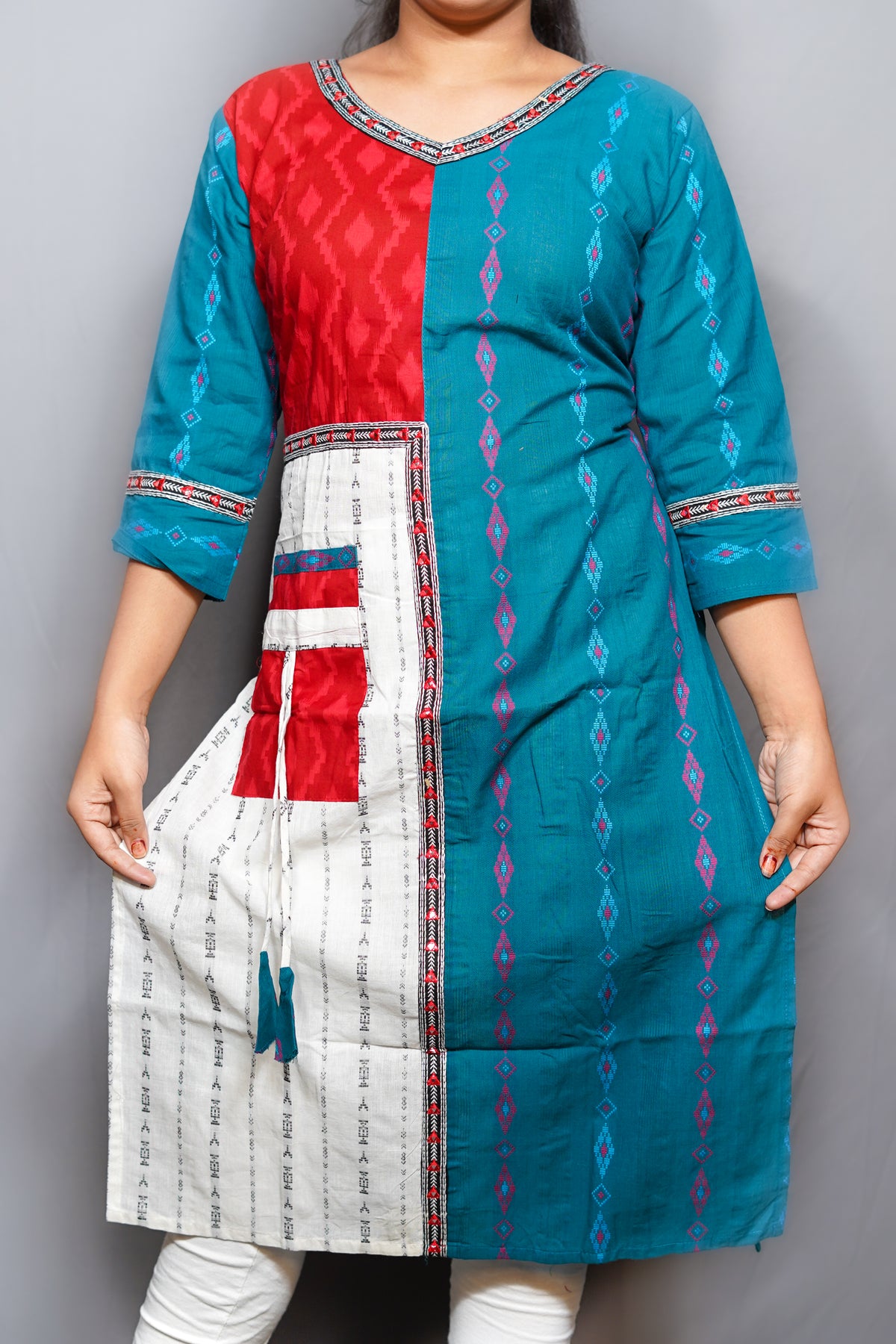 Cotton Ikat Patchwork Kurta with Contrast Utility Pocket