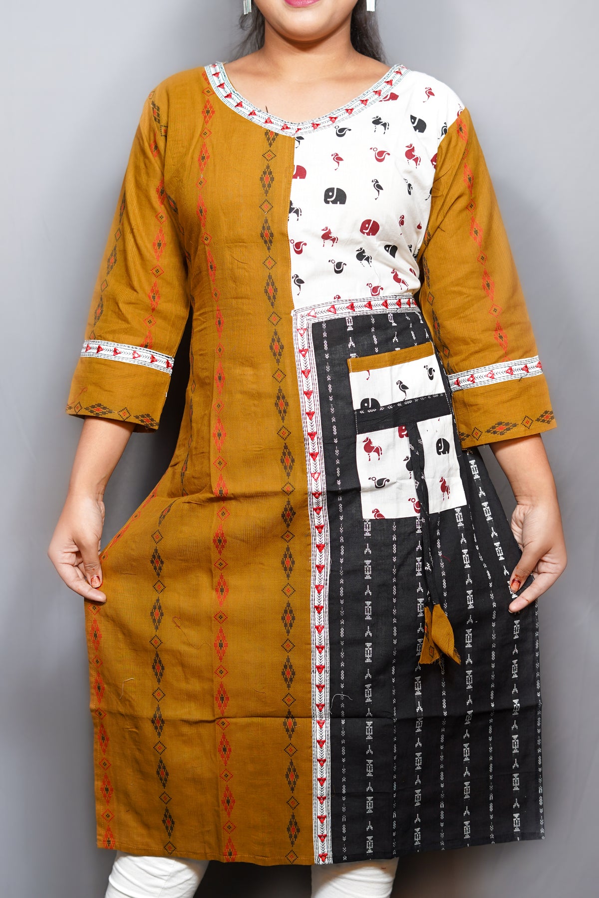 Cotton Ikat Patchwork Kurta with Contrast Utility Pocket