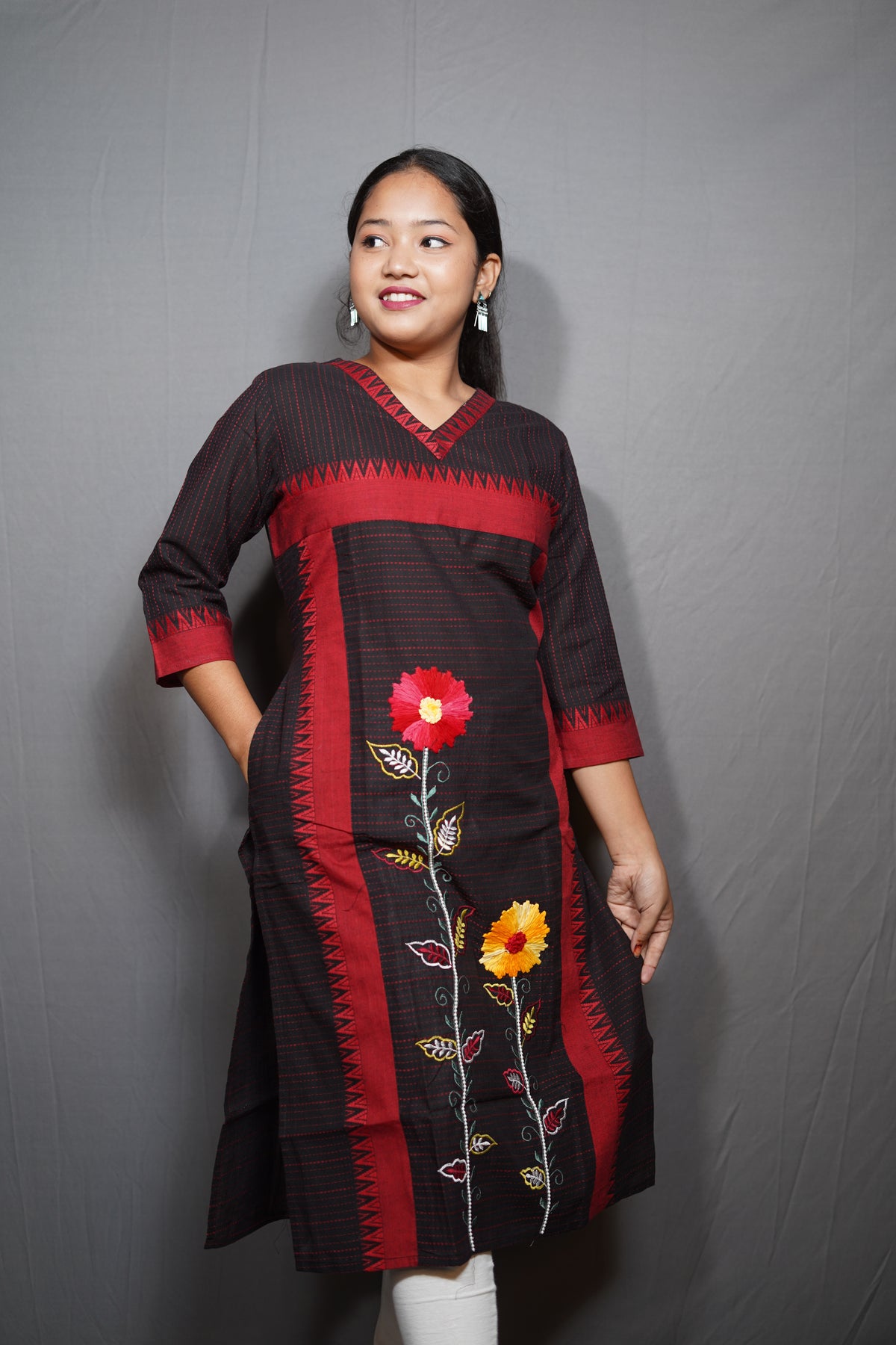 Floral Embroidered Cotton Kurta with Kantha-Style Stripes
