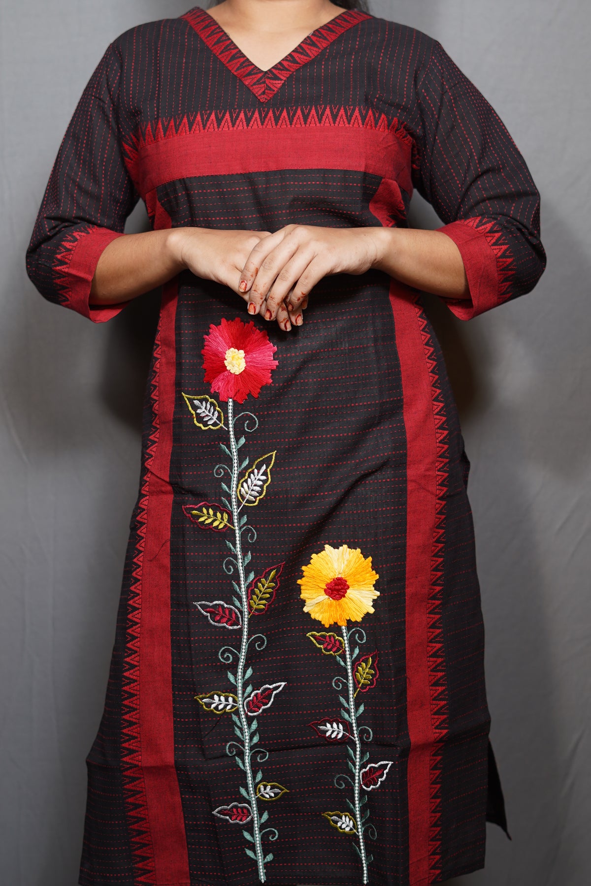 Floral Embroidered Cotton Kurta with Kantha-Style Stripes