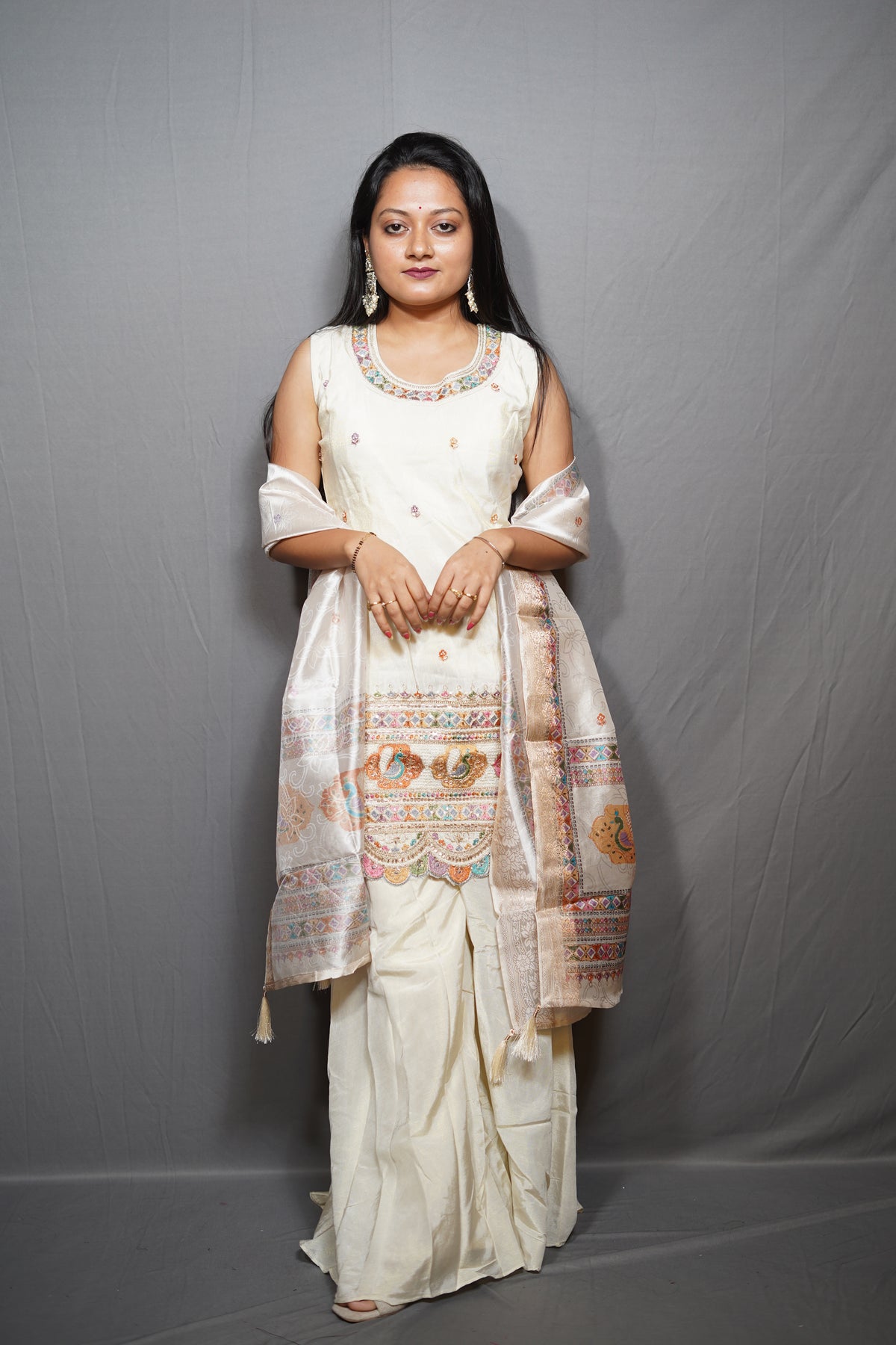 Ivory Silk Blend 3-Piece Sharara Suit Set with Peacock Embroidered Border and Banarasi-Style Dupatta