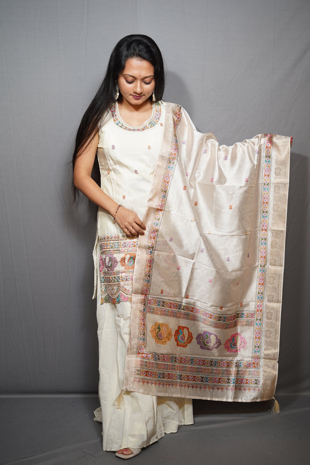 Ivory Silk Blend 3-Piece Sharara Suit Set with Peacock Embroidered Border and Banarasi-Style Dupatta