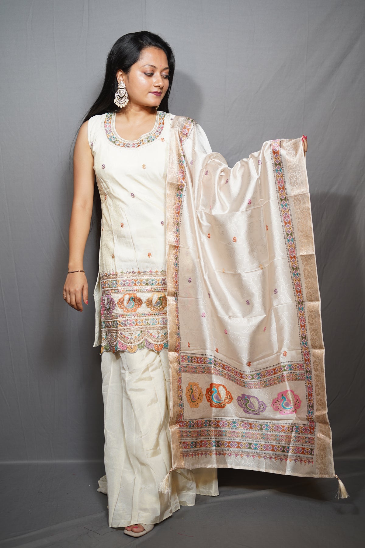 Ivory Silk Blend 3-Piece Sharara Suit Set with Peacock Embroidered Border and Banarasi-Style Dupatta