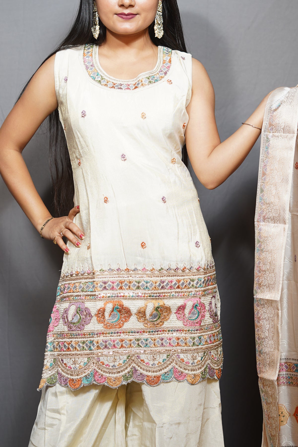Ivory Silk Blend 3-Piece Sharara Suit Set with Peacock Embroidered Border and Banarasi-Style Dupatta
