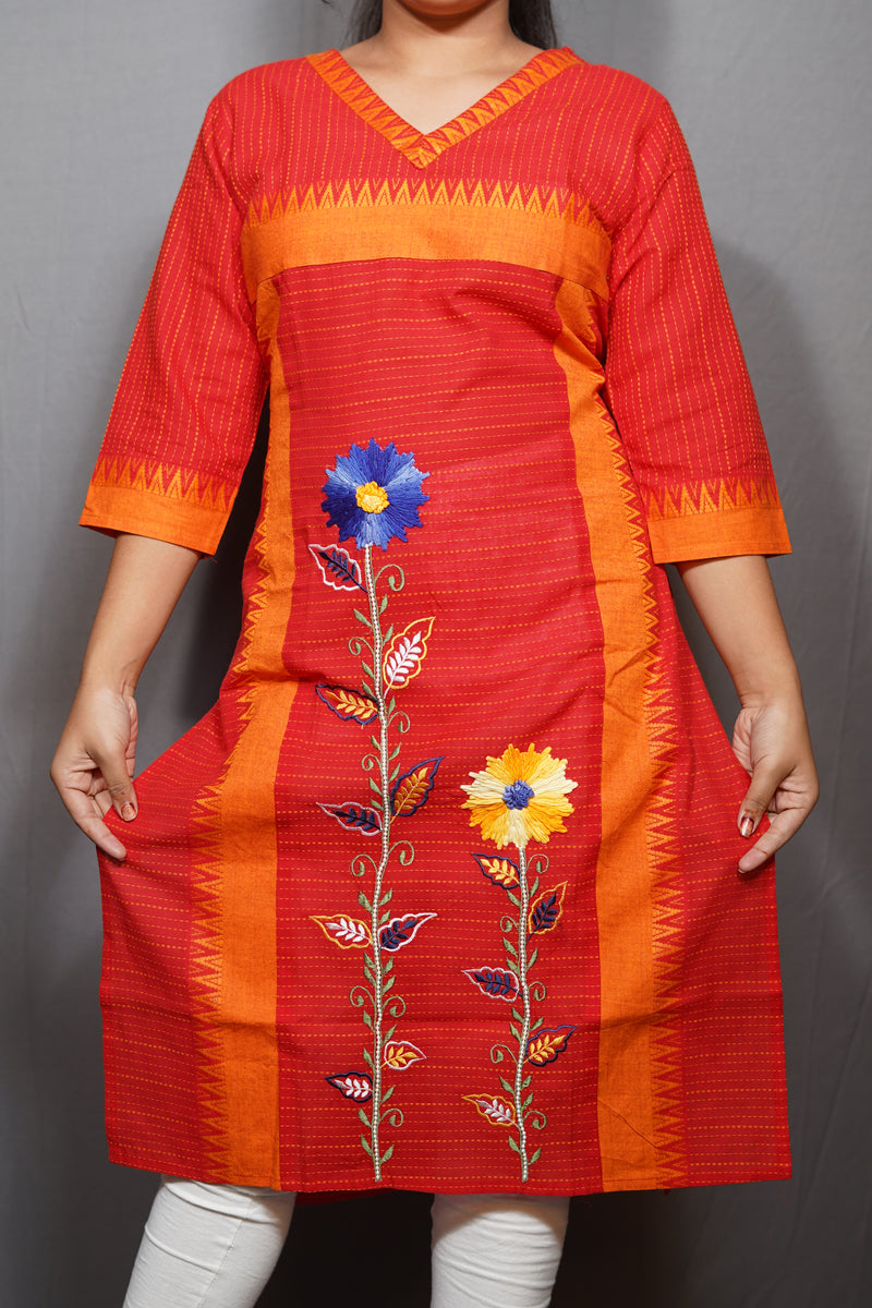Floral Embroidered Cotton Kurta with Kantha-Style Stripes