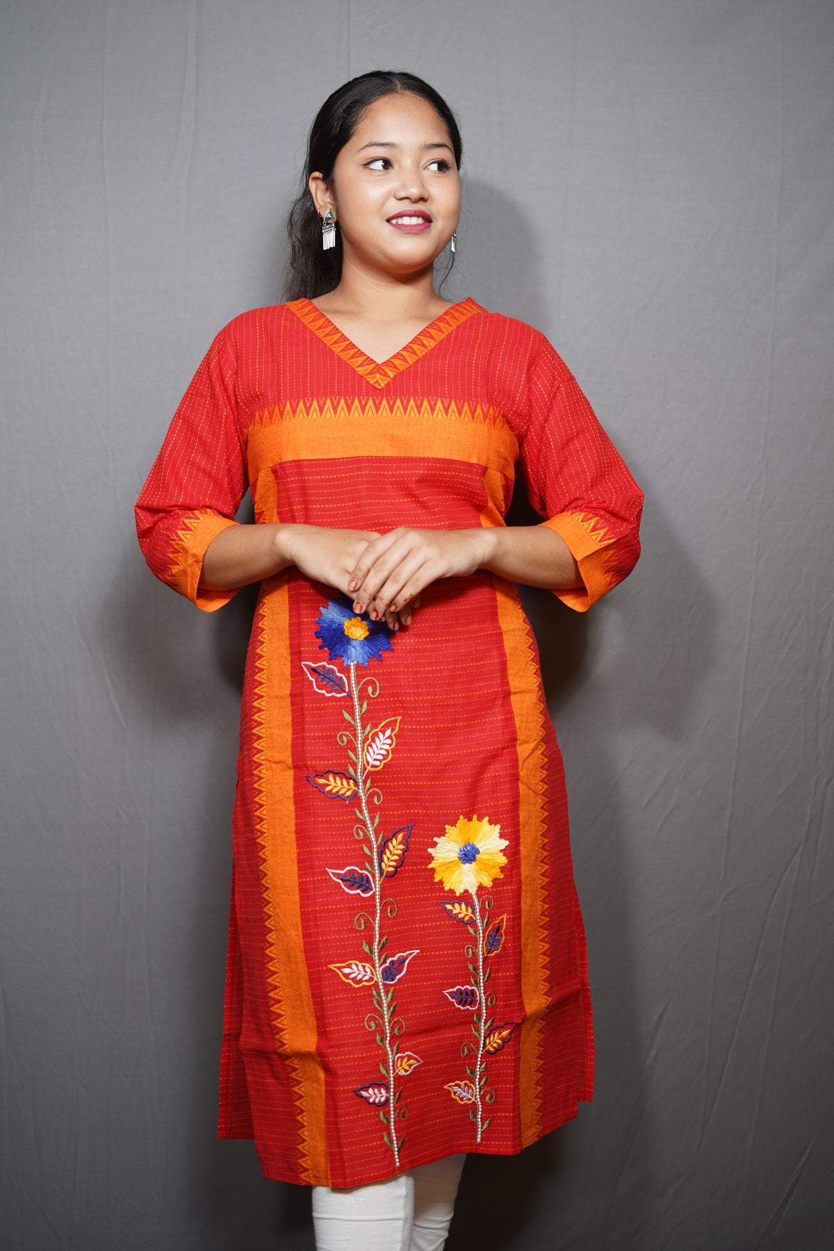 Floral Embroidered Cotton Kurta with Kantha-Style Stripes
