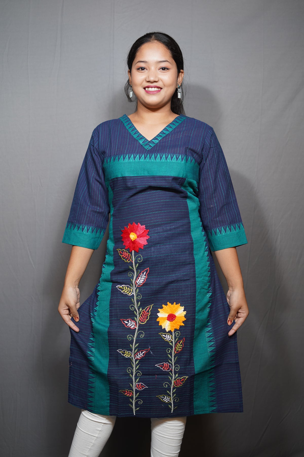 Floral Embroidered Cotton Kurta with Kantha-Style Stripes