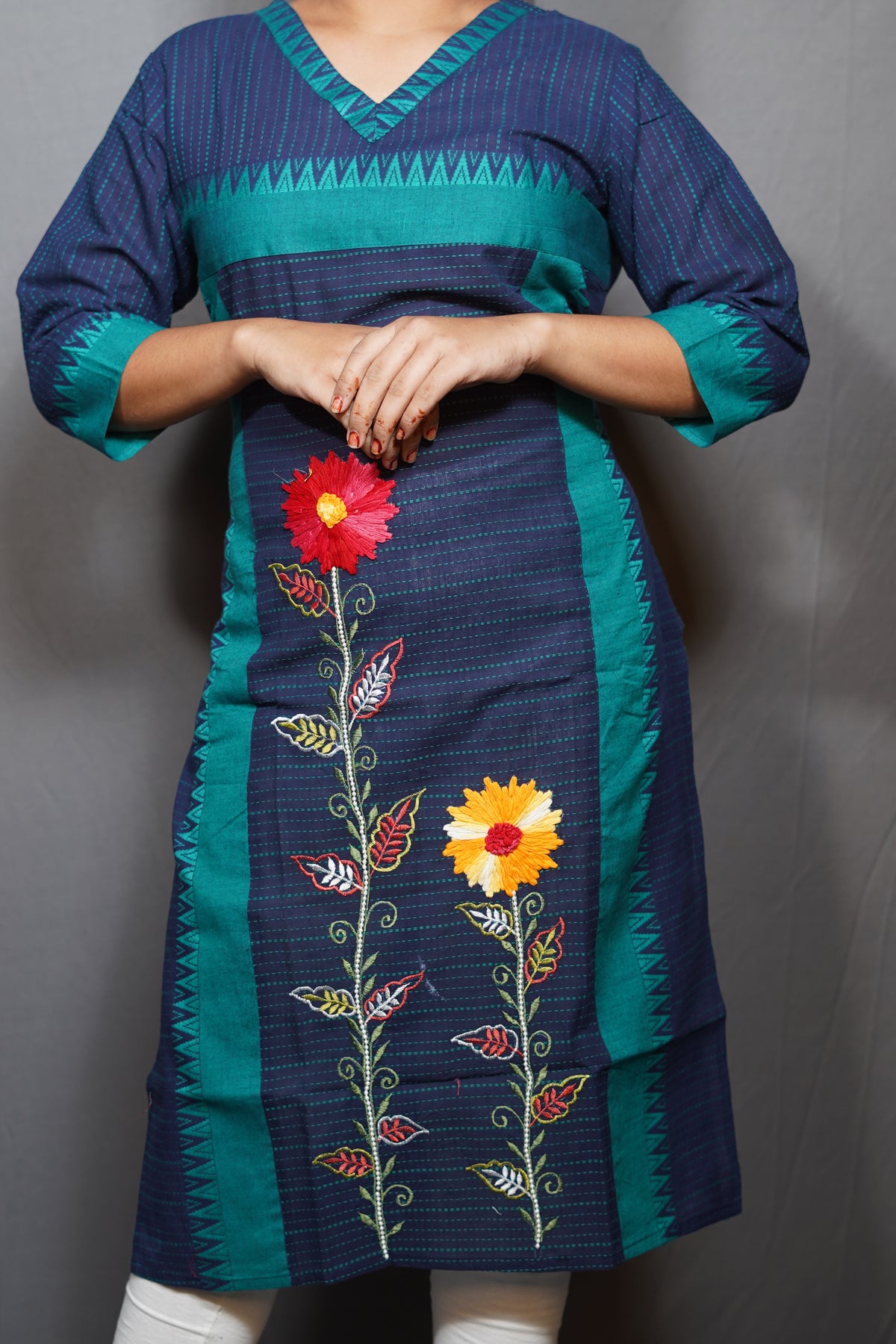 Floral Embroidered Cotton Kurta with Kantha-Style Stripes