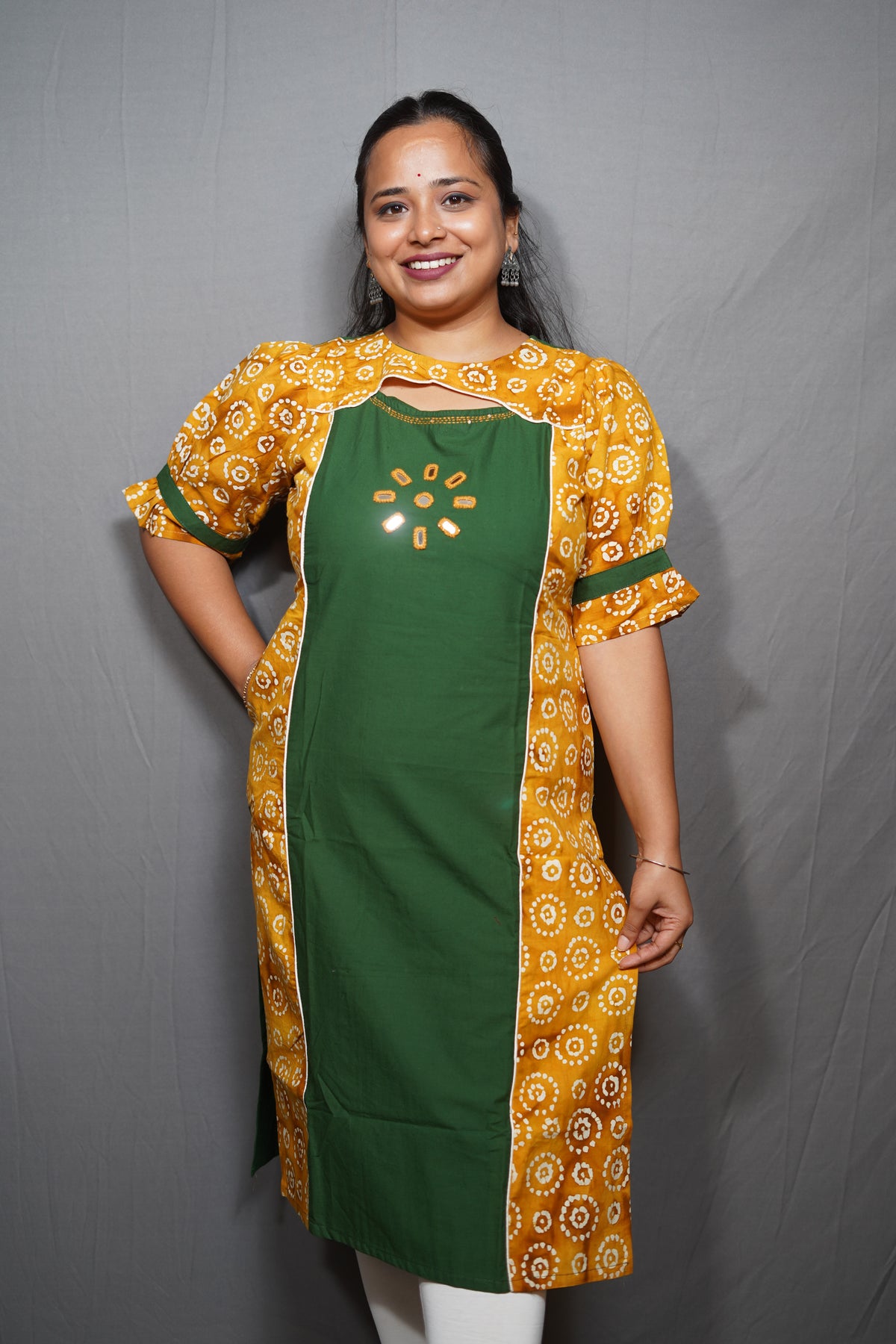 Cotton Kurta with Batik Collar & stitch work with short puffed sleeve