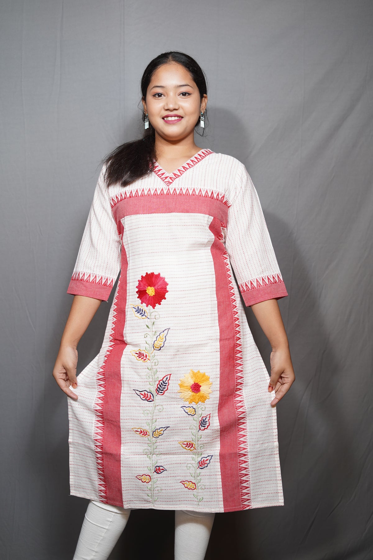 Floral Embroidered Cotton Kurta with Kantha-Style Stripes