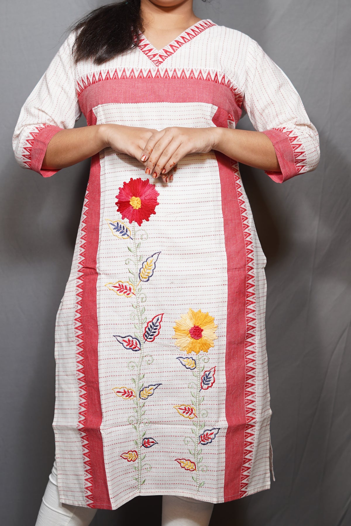 Floral Embroidered Cotton Kurta with Kantha-Style Stripes