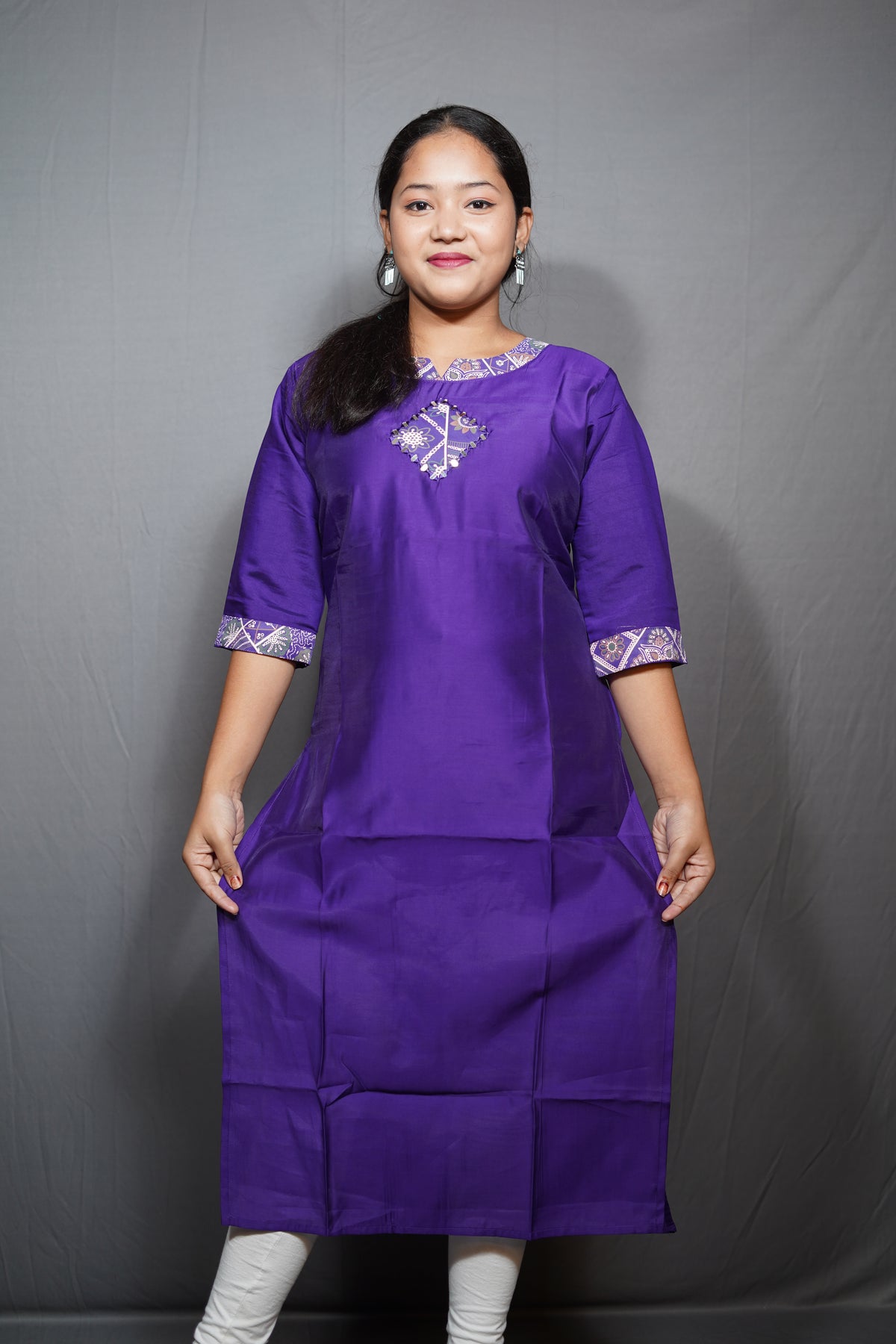 Royal Purple silk Kurta with Ajrakh-Print Neckline Trim & Tassel Detail