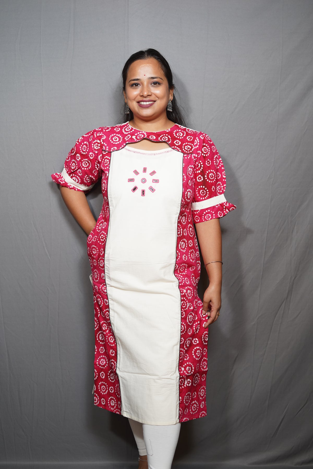 Cotton Kurta with Batik Collar & stitch work with short puffed sleeve
