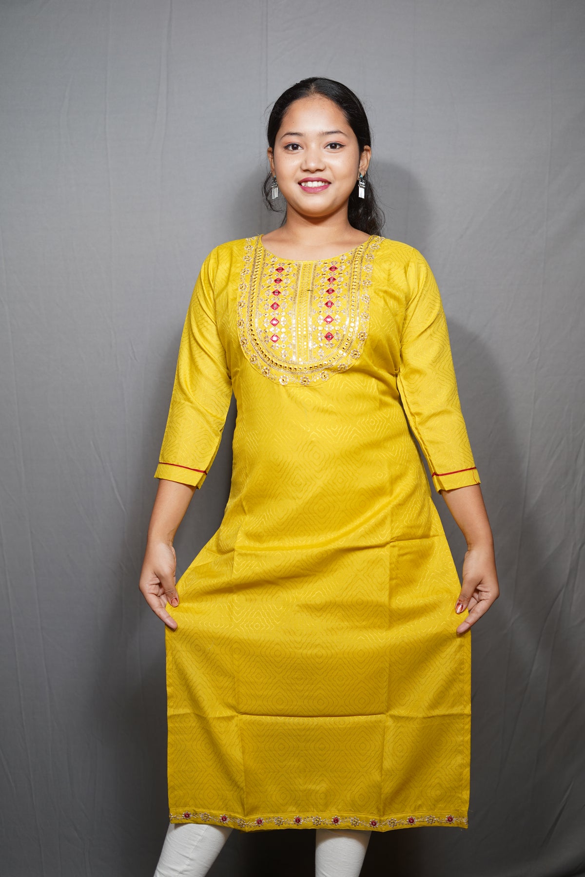 Mustard Yellow Kurta with Mirror & Zari Embroidered Yoke & Bandhani Print