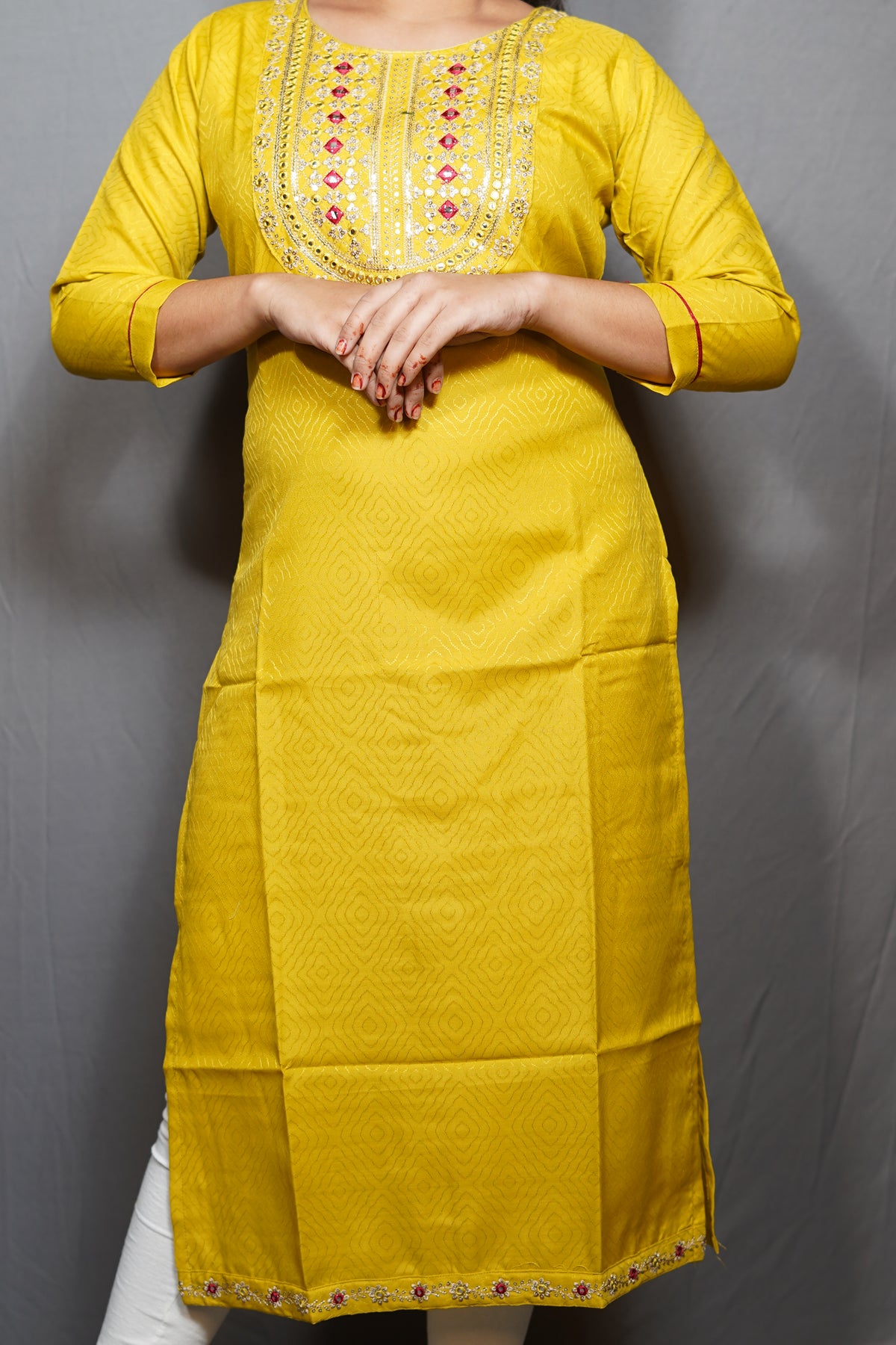 Mustard Yellow Kurta with Mirror & Zari Embroidered Yoke & Bandhani Print