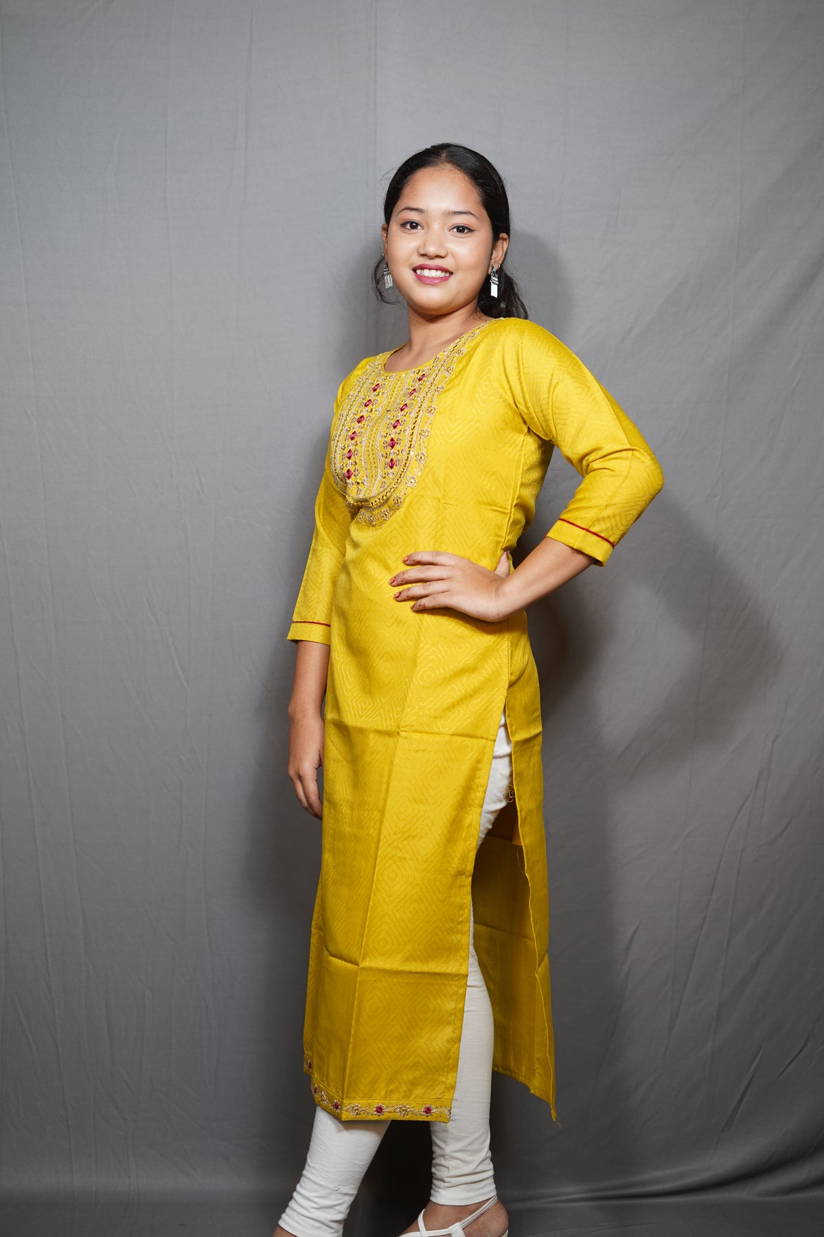 Mustard Yellow Kurta with Mirror & Zari Embroidered Yoke & Bandhani Print