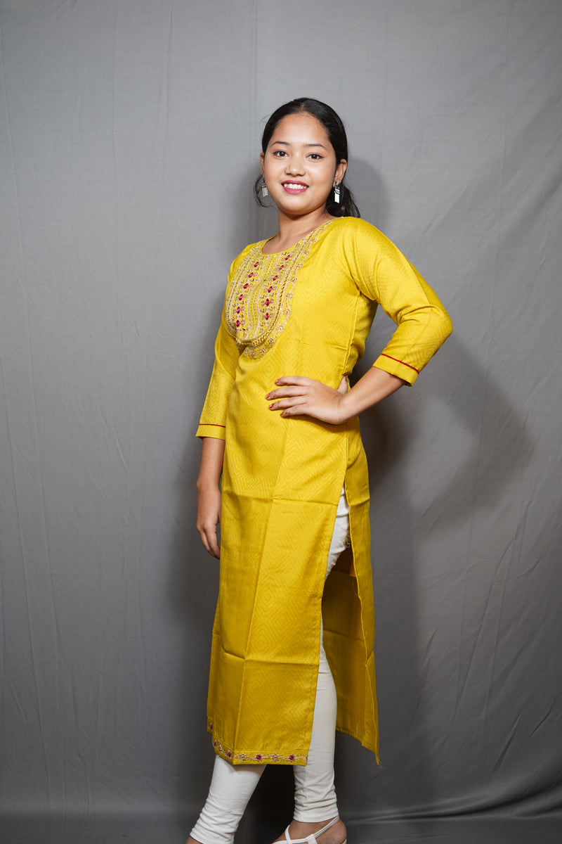 Mustard Yellow Kurta with Mirror & Zari Embroidered Yoke & Bandhani Print
