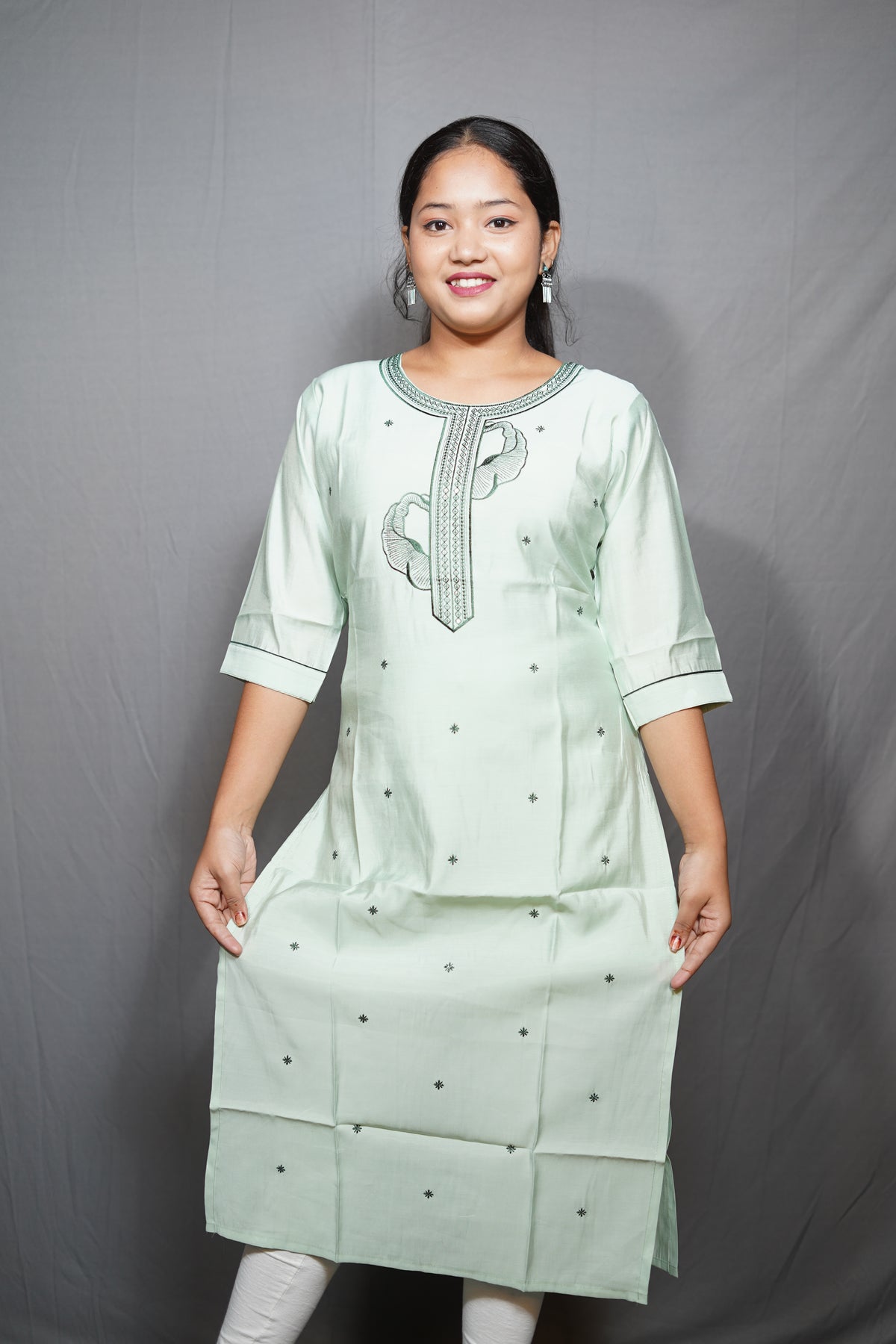 Mint Green Cotton Kurta with Embroidered Placket & Scattered Floral Motifs