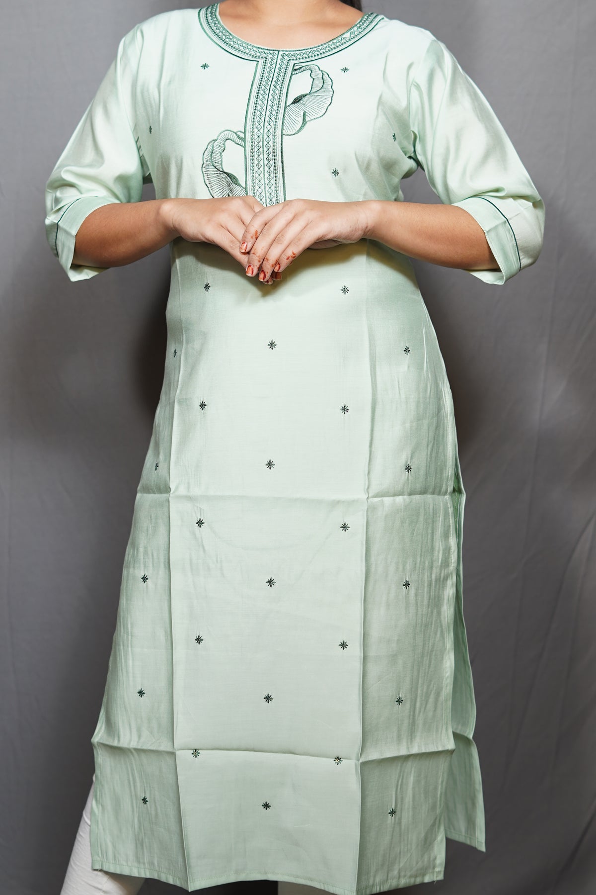 Mint Green Cotton Kurta with Embroidered Placket & Scattered Floral Motifs