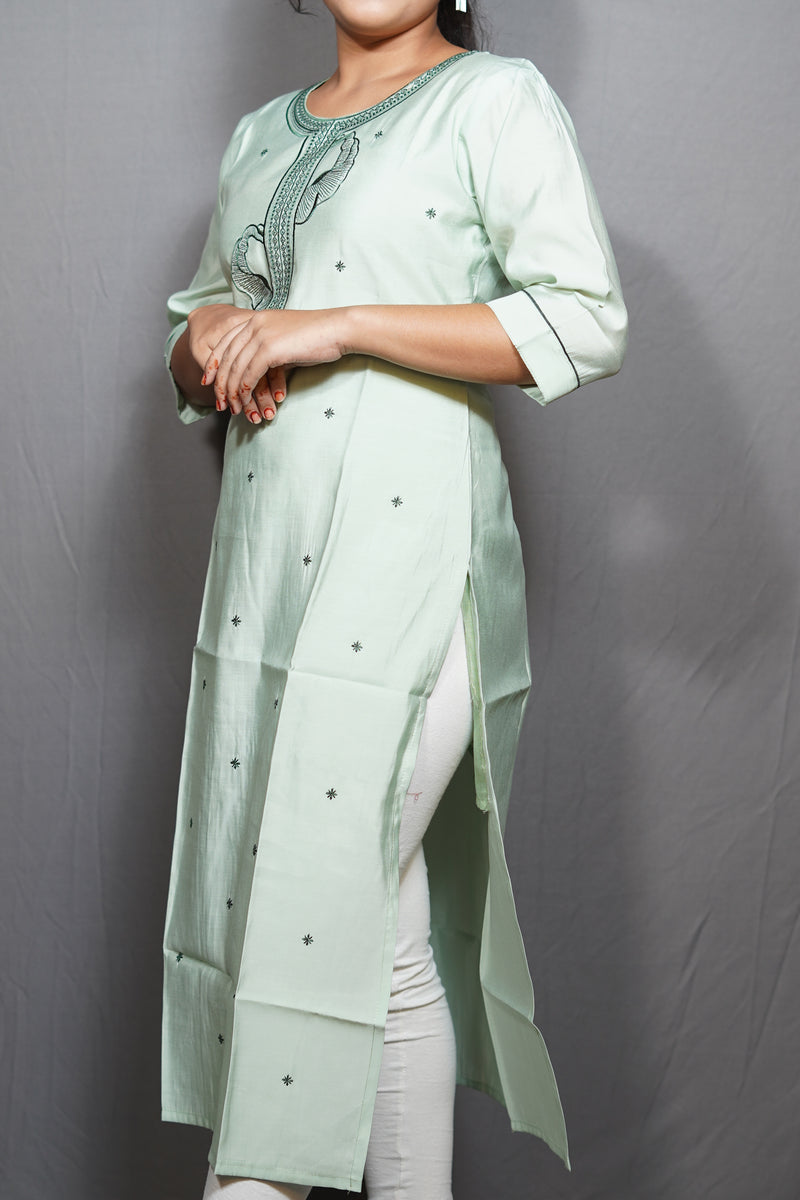 Mint Green Cotton Kurta with Embroidered Placket & Scattered Floral Motifs
