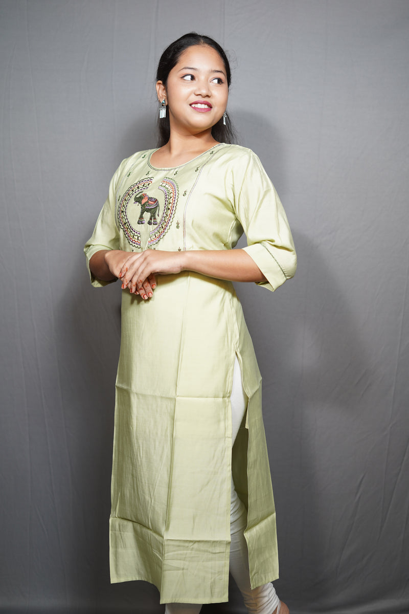 Pastel Green Cotton Kurta with Embroidered Elephant Motif