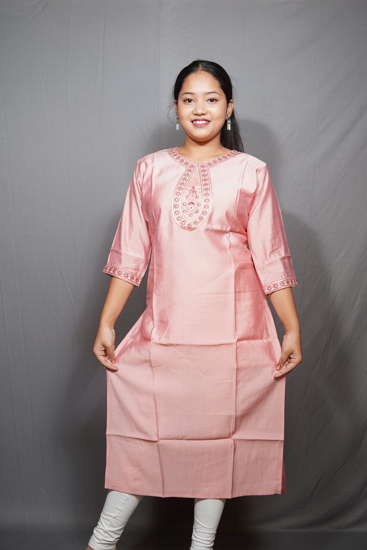 Blush Pink Silk Kurta with Zari Embroidered Neckline