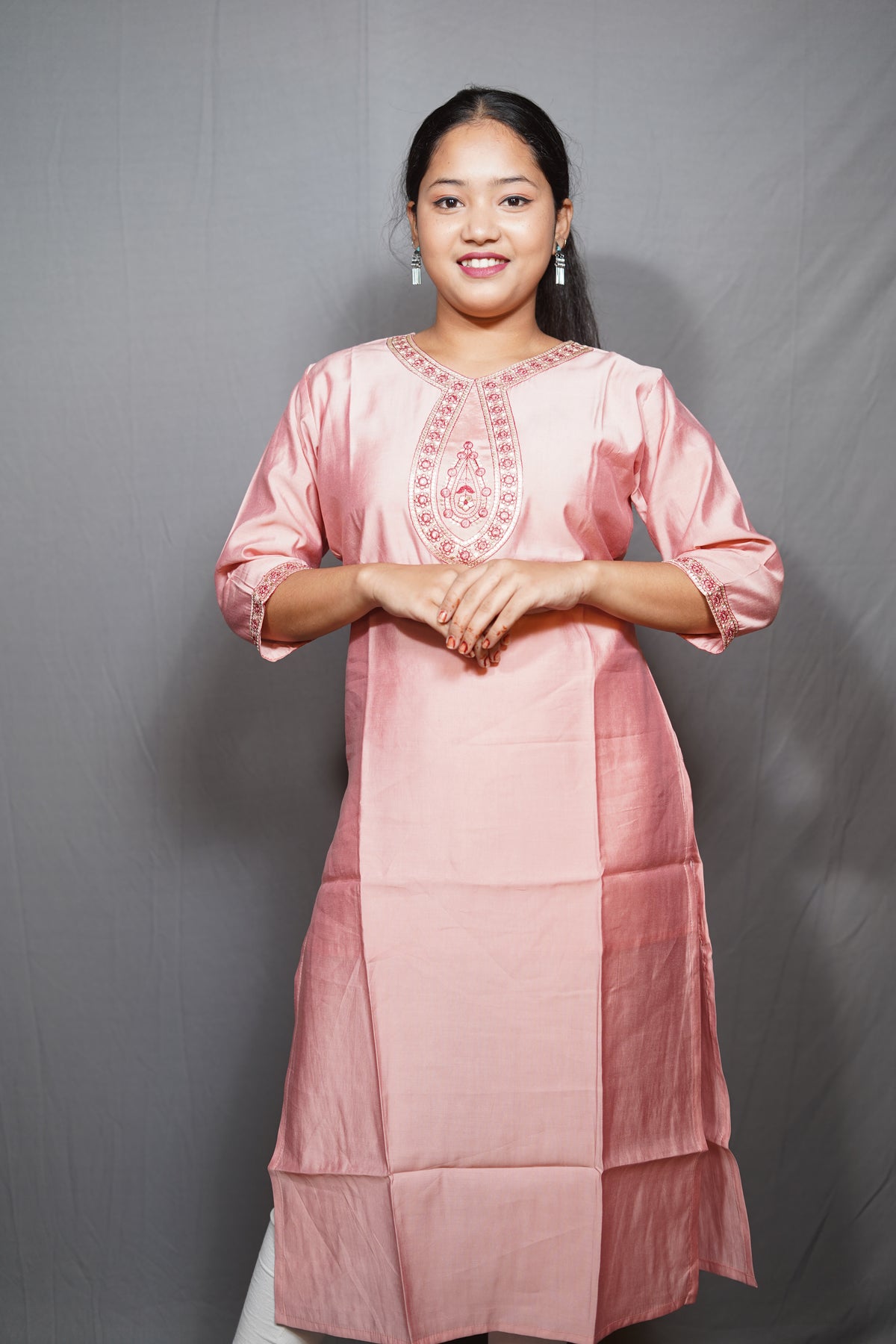 Blush Pink Silk Kurta with Zari Embroidered Neckline