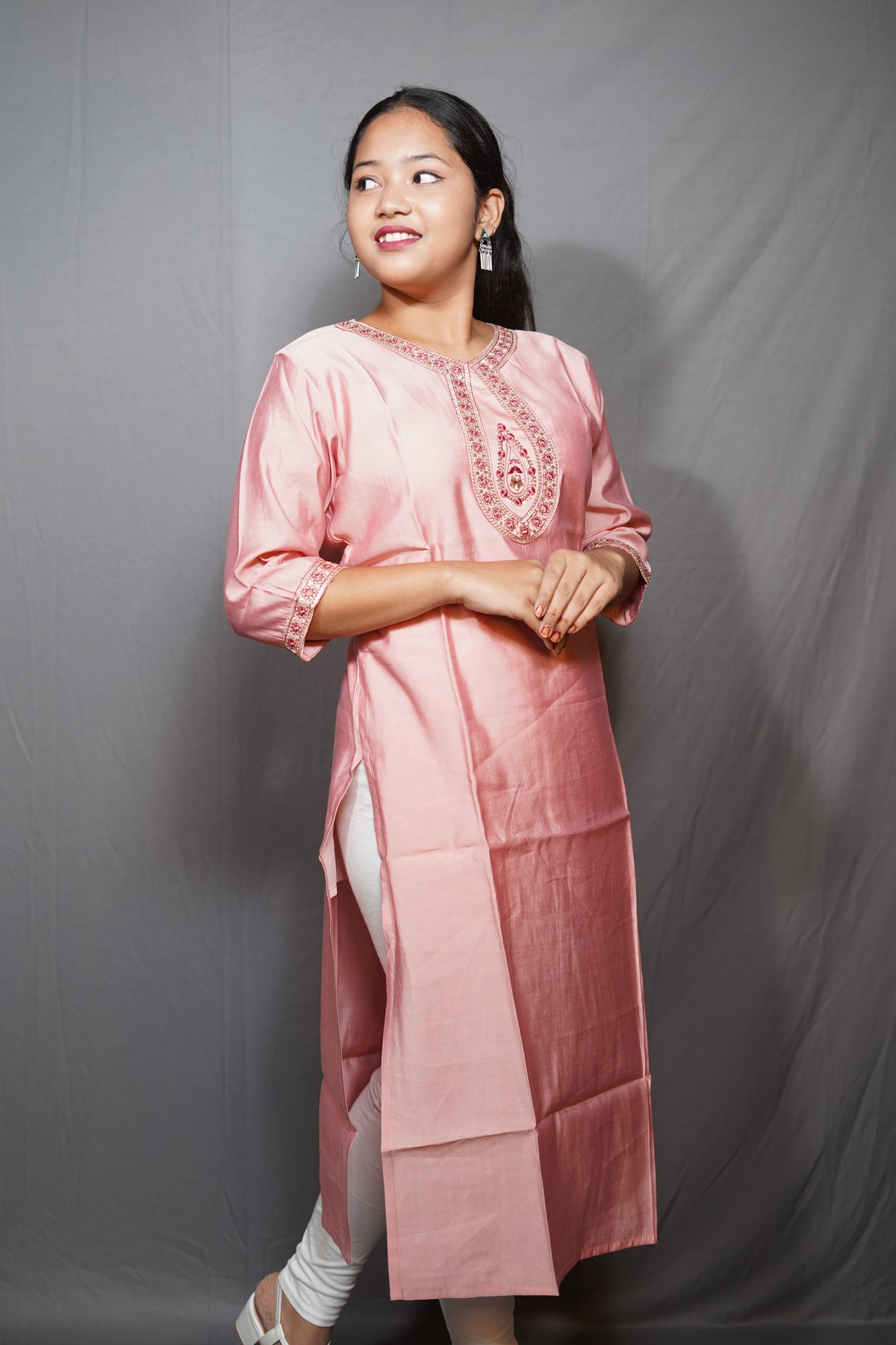 Blush Pink Silk Kurta with Zari Embroidered Neckline