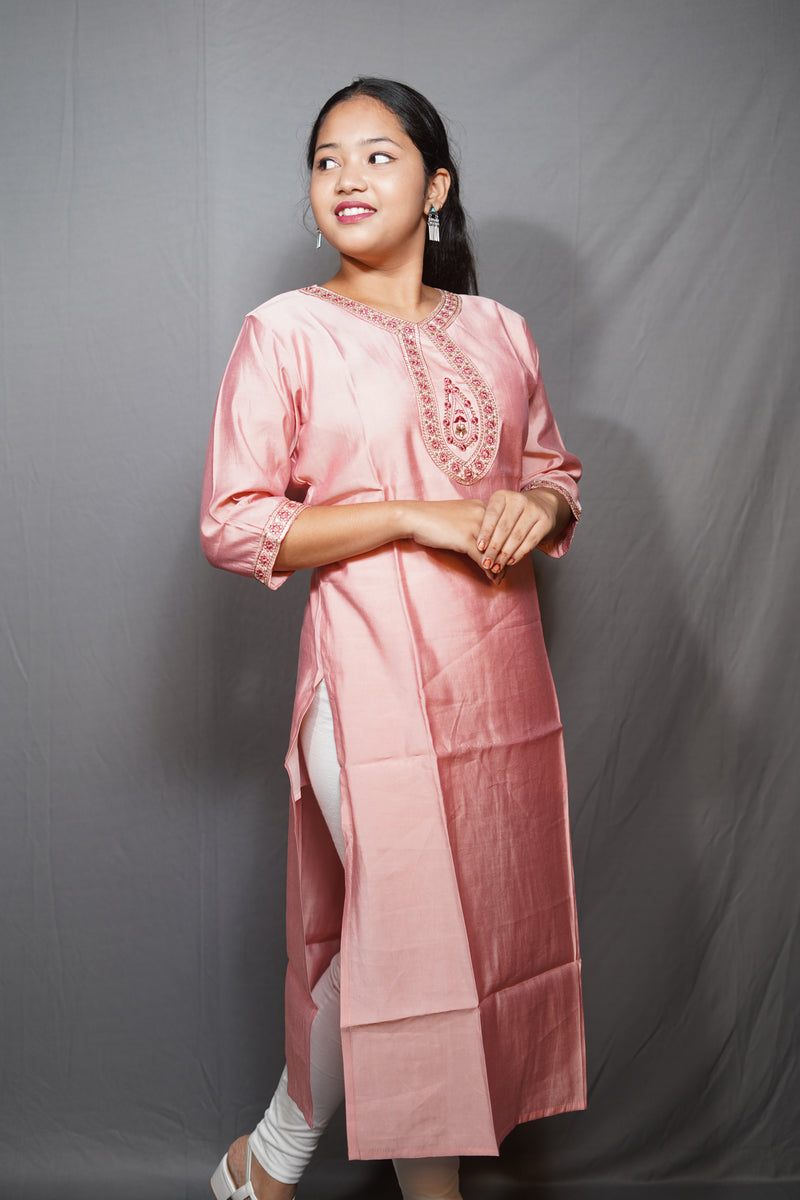 Blush Pink Silk Kurta with Zari Embroidered Neckline