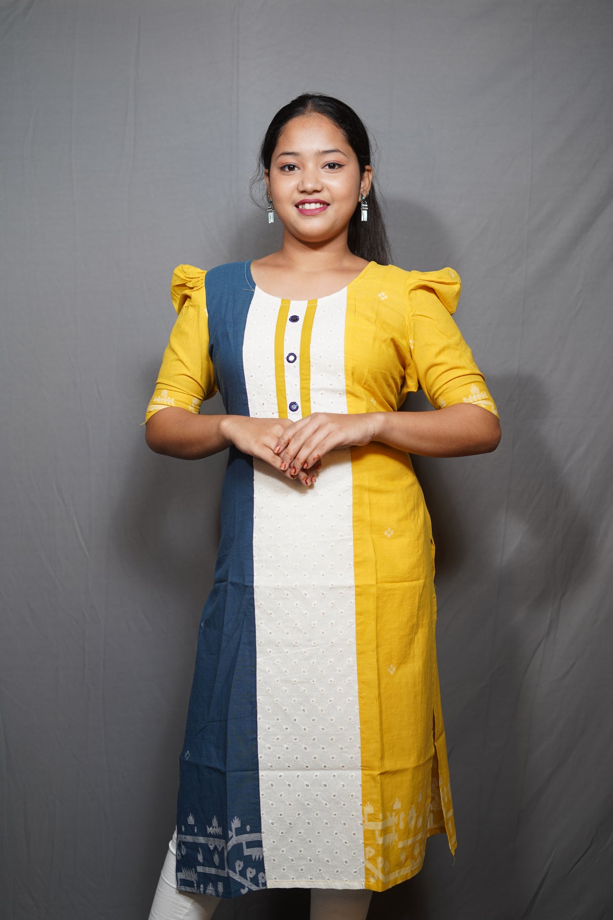 Tri-Color Block Cotton Kurta with Puff Sleeves and Schiffli Center Panel — Available in Multiple Colors