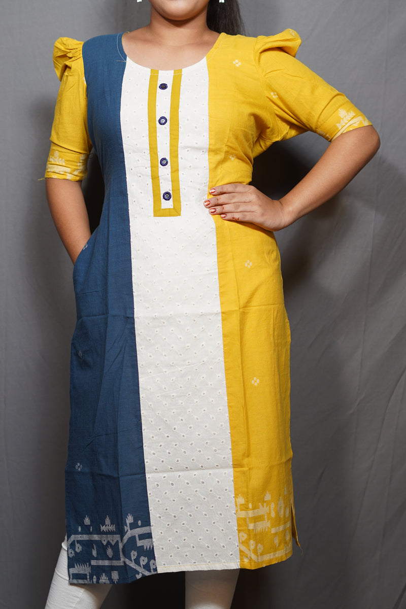 Tri-Color Block Cotton Kurta with Puff Sleeves and Schiffli Center Panel — Available in Multiple Colors