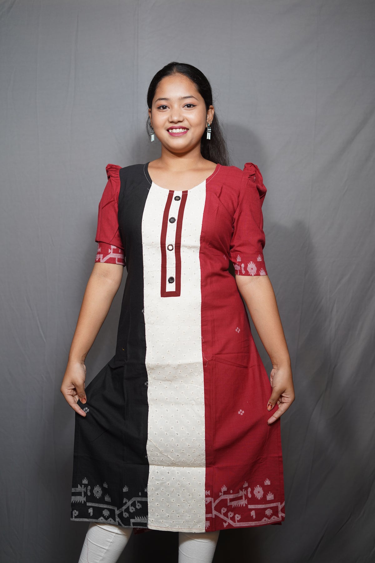 Tri-Color Block Cotton Kurta with Puff Sleeves and Schiffli Center Panel — Available in Multiple Colors